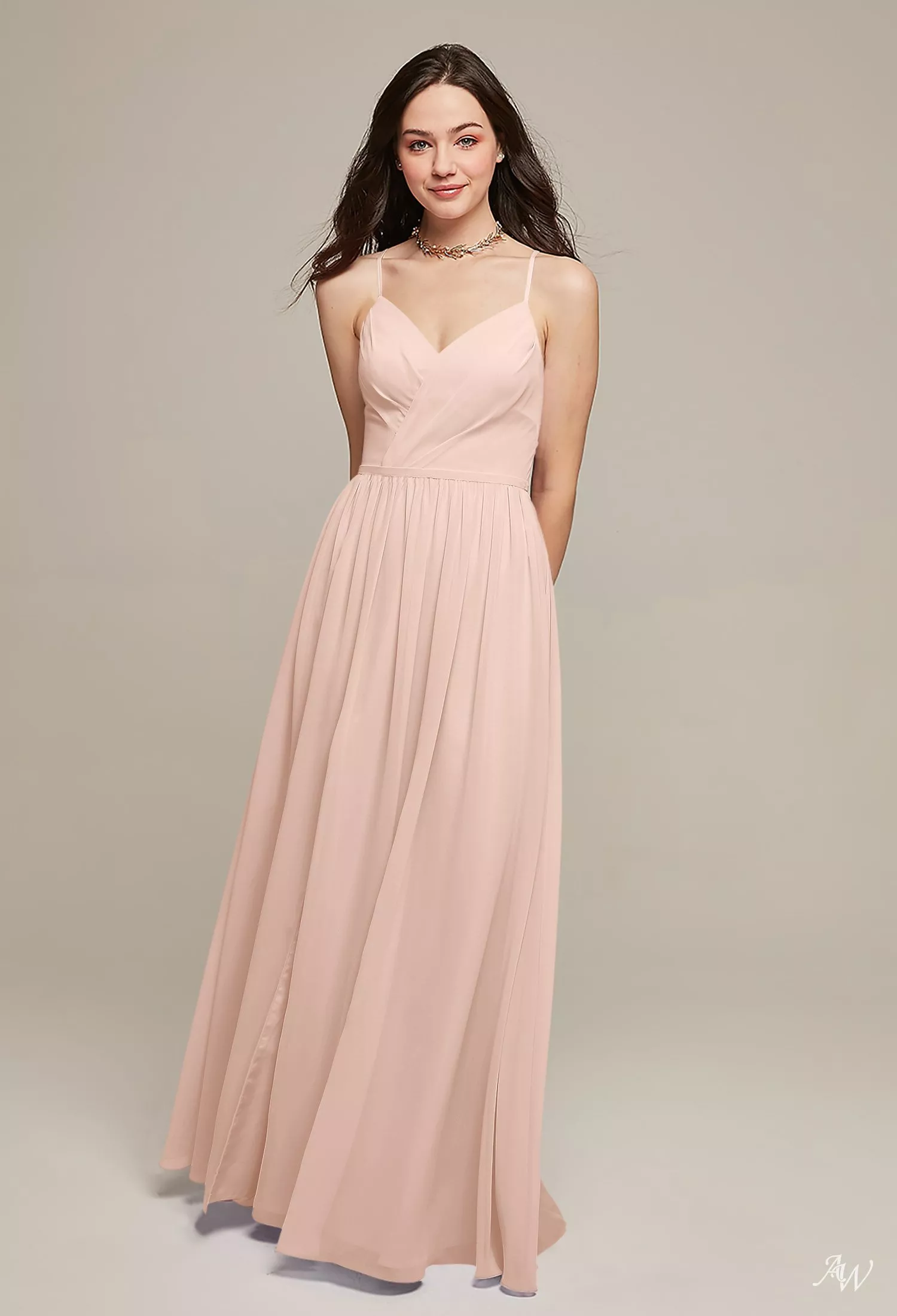 pearl pink dress chiffon AW.Bridal A-line V-Neck Floor Length Sleeveless Spaghetti Straps Cutout Long Bridesmaid Dresses Dress Pearl Pink Size 8