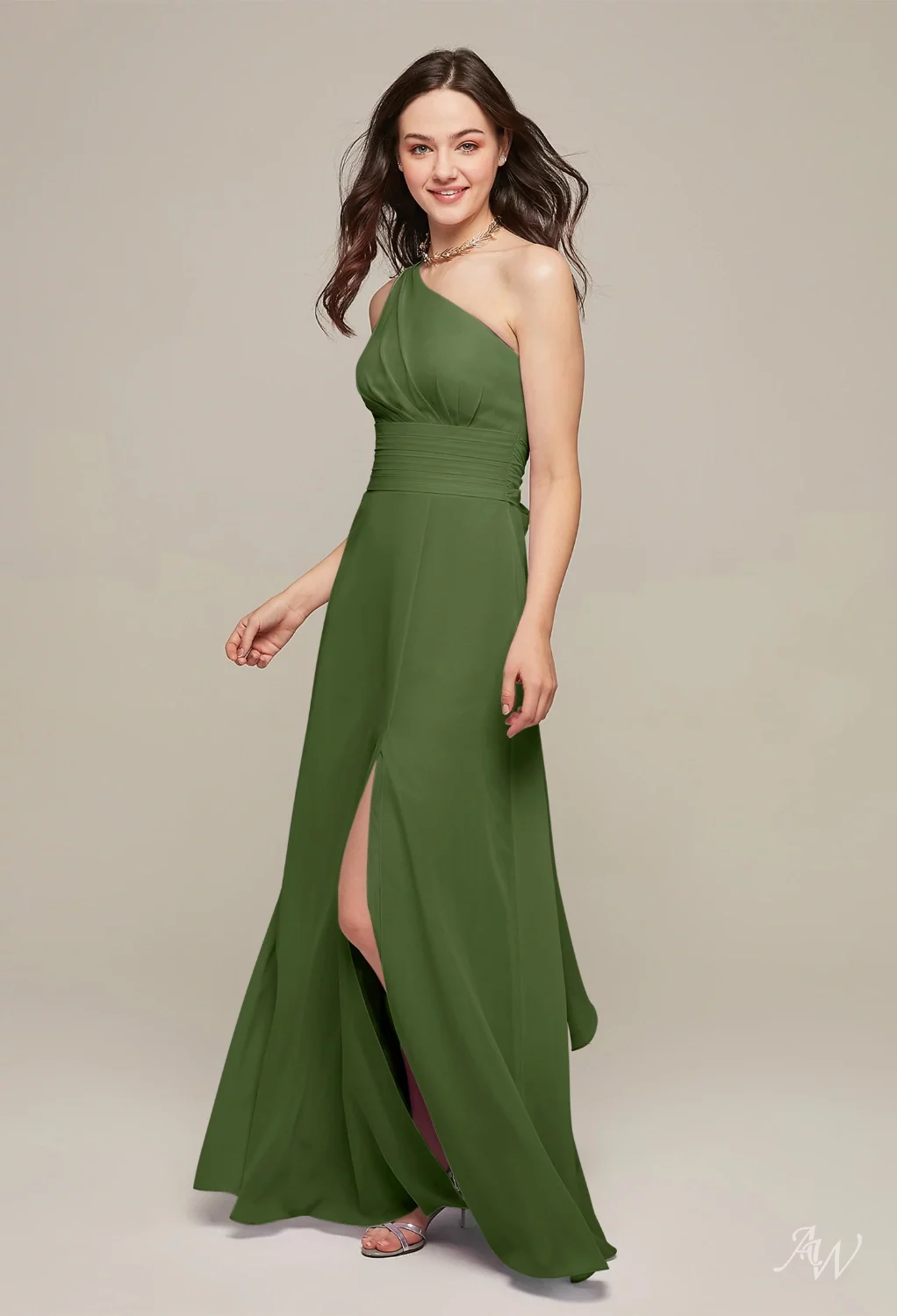 AW.Bridal A-line One Shoulder Floor Length Sleeveless Split Long Bridesmaid Dresses Dress Green Olive Size 4