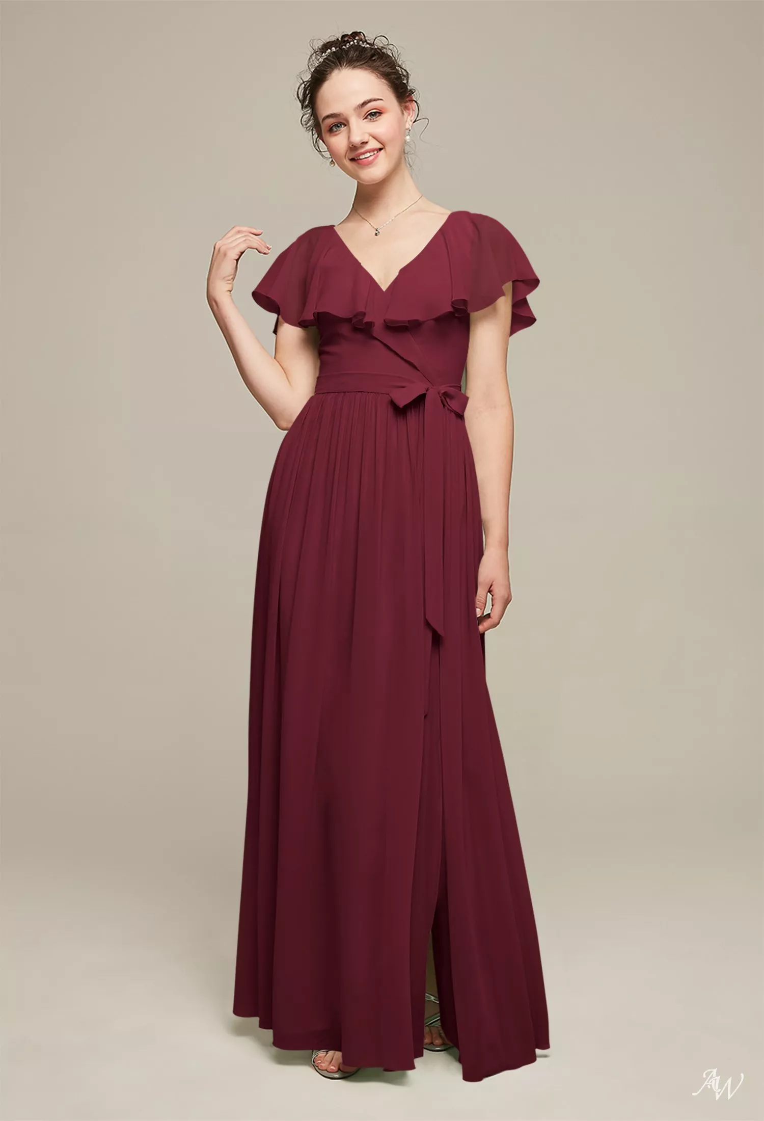 bridesmaid dresses for large ladies High-Slit Chiffon Bridesmaid Dress with Long Sleeves and Waist Pleating