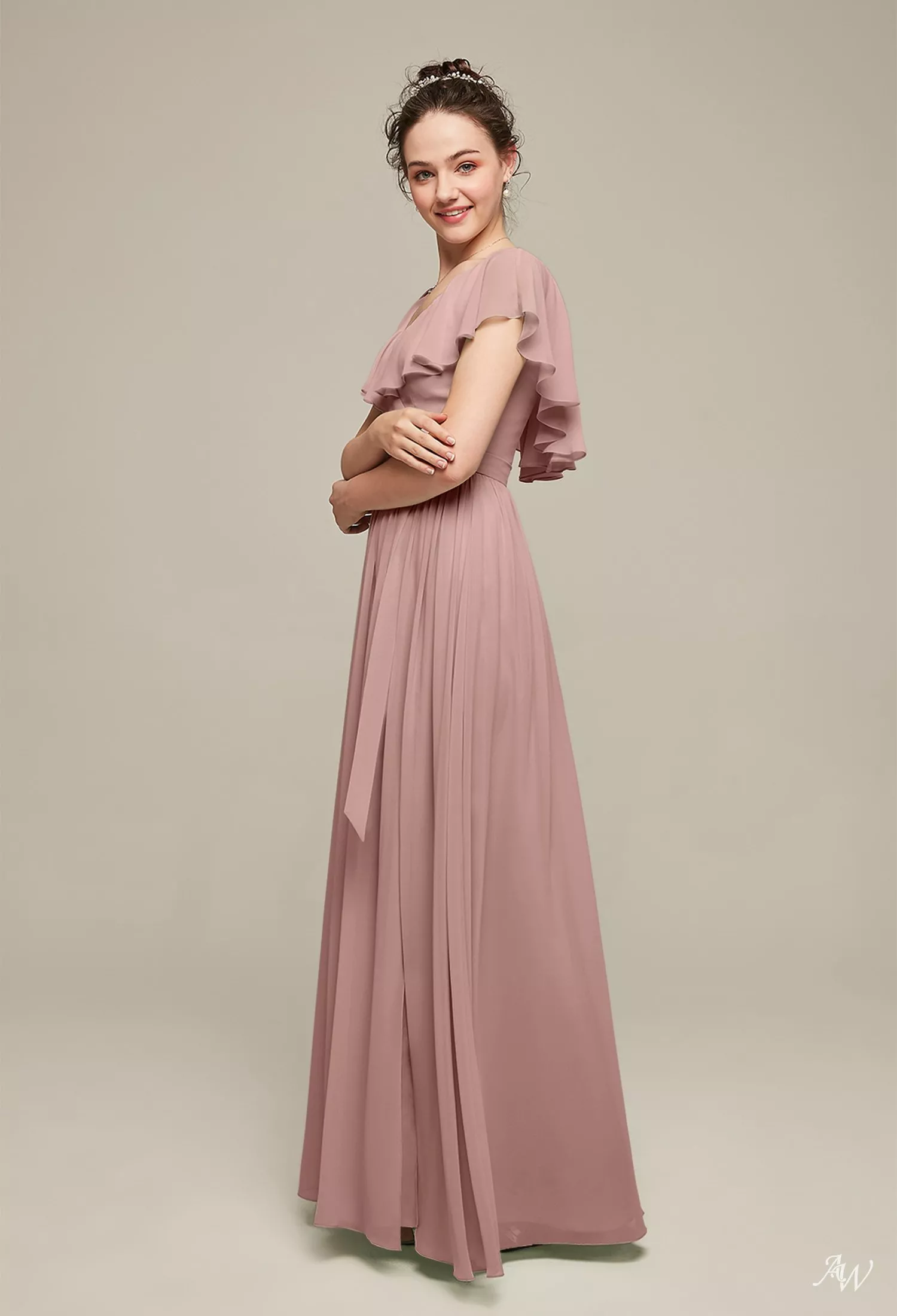 AW.Bridal A-line V-Neck Floor Length Short Sleeves Sash/Ribbon Pleat Ruffles Split Plus Size Dresses Dress Dusty Rose Plus Size 18