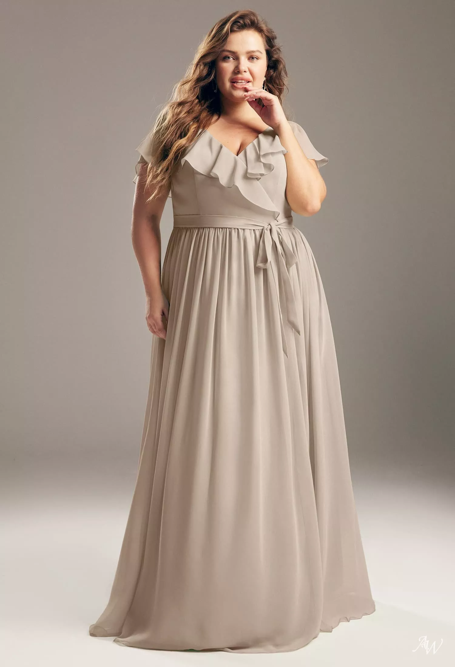taupe plus size bridesmaid dresses AW.Bridal A-line V-Neck Floor Length Short Sleeves Sash/Ribbon Pleat Ruffles Split Dress Plus Size 18 She is wearing a made in Middle East Chico's Black and White Clothing Size:6