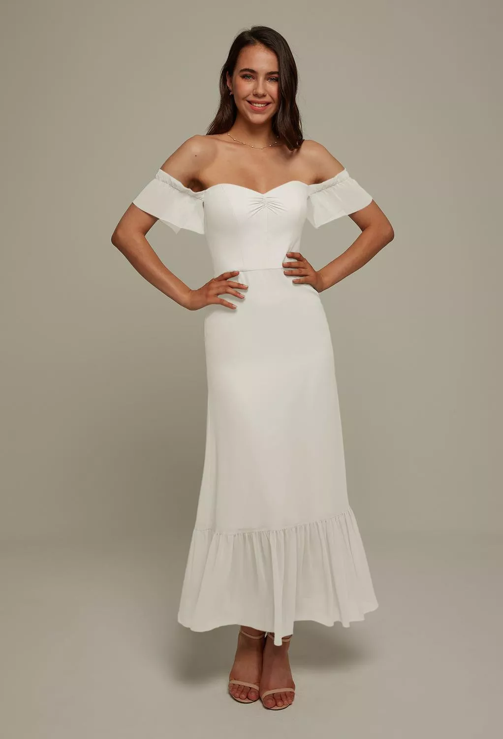 ankle length beach wedding dresses Tulle A-line Off-the-Shoulder Beach Wedding Dresses With Side Slit, MW889