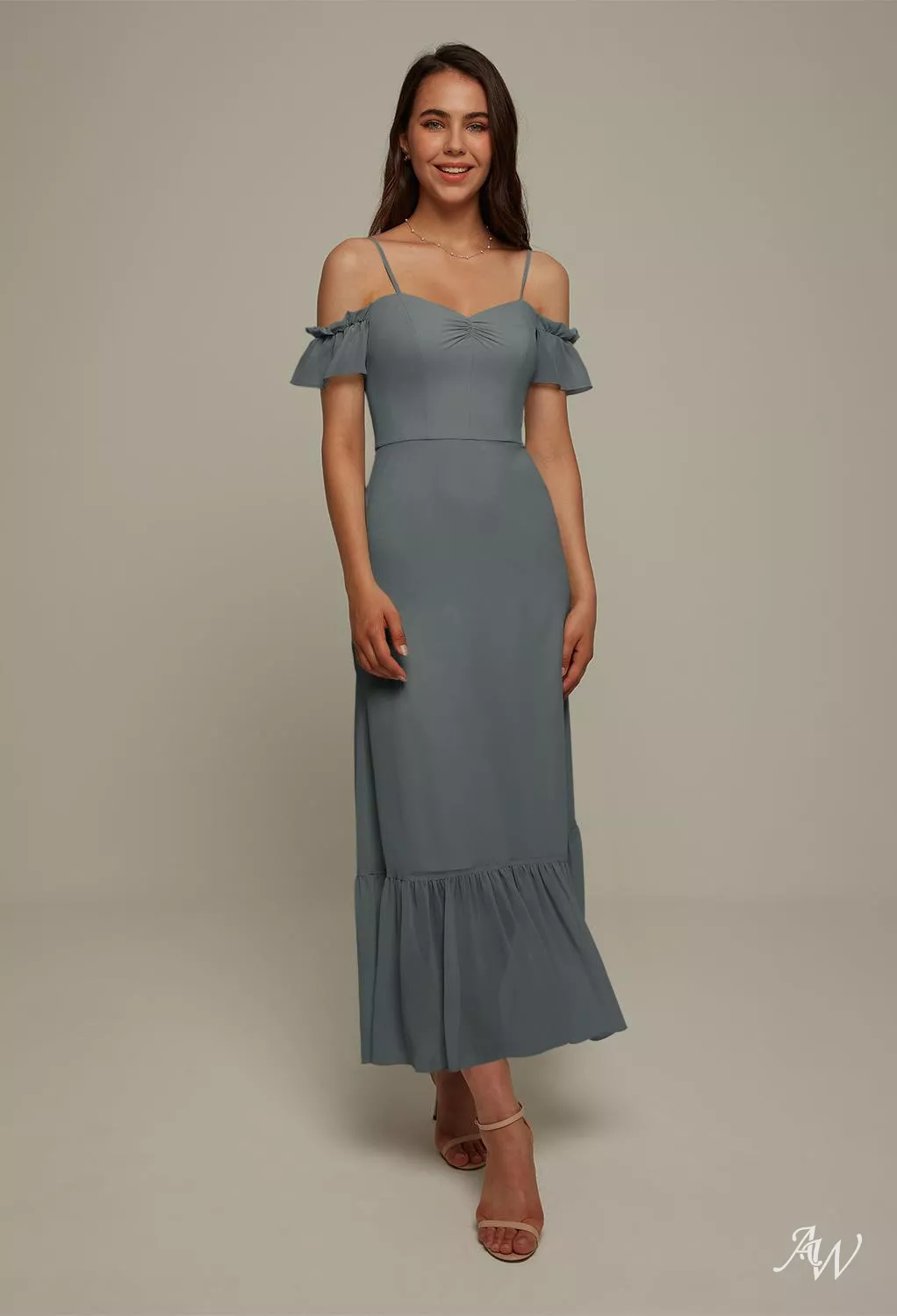 charcoal bridesmaid dresses short AW.Bridal Column Sweetheart Neckline Ankle Length Sleeves Ruching Ruffles Long Dress Steel Gray Size 8 Leaf appliqued illusion neckline New Year's Eve Bar III Bright Poly Color:Floral Green Red