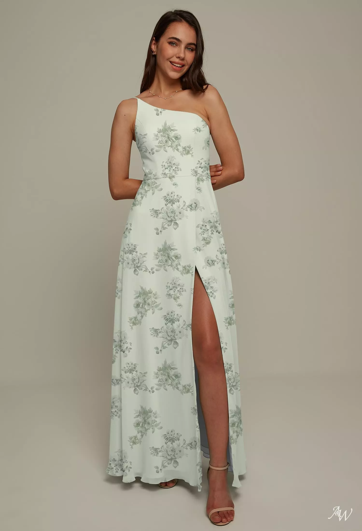 AW.Bridal A-line One Shoulder Floor Length Sleeveless Split Floral Plus Size Dresses Floral Dress Pistachio Green Penoy Plus Size 16