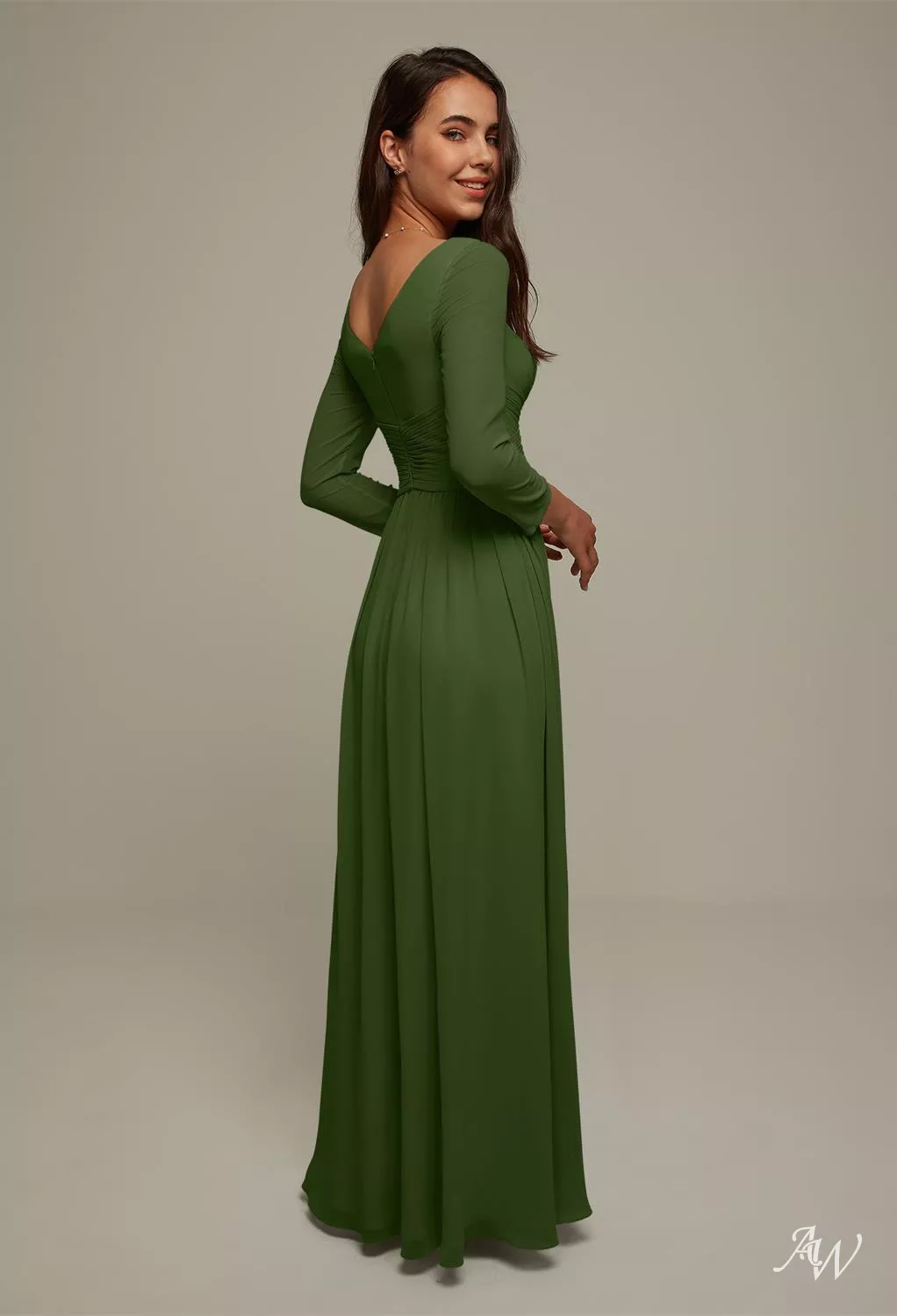 AW.Bridal A-line V-Neck Floor Length 3/4 Sleeves Long Bridesmaid Dresses Dress Green Olive Size 18