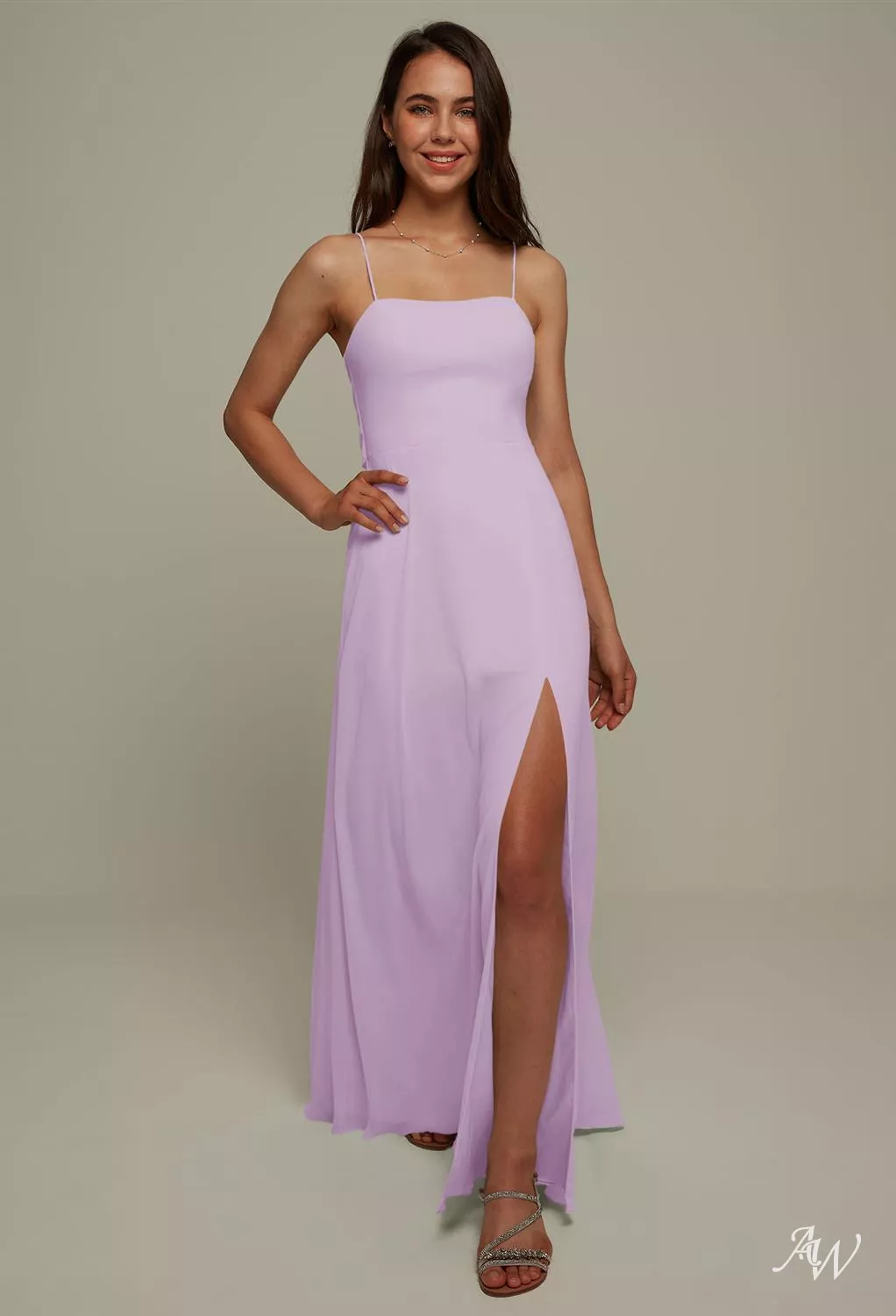 AW.Bridal A-line Square Neckline Floor Length Sleeveless Spaghetti Straps Cutout Split Long Bridesmaid Dresses Dress Lilac Size 8