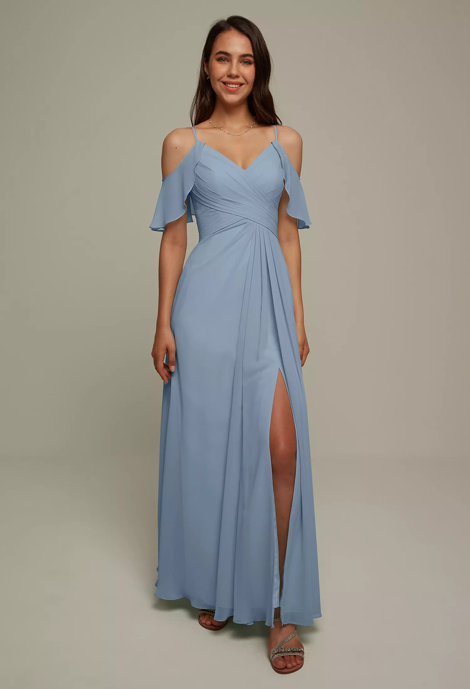 AW Perpetua Dress, Light Dusty Blue Chiffon Floor Length Cowl Neckline ...