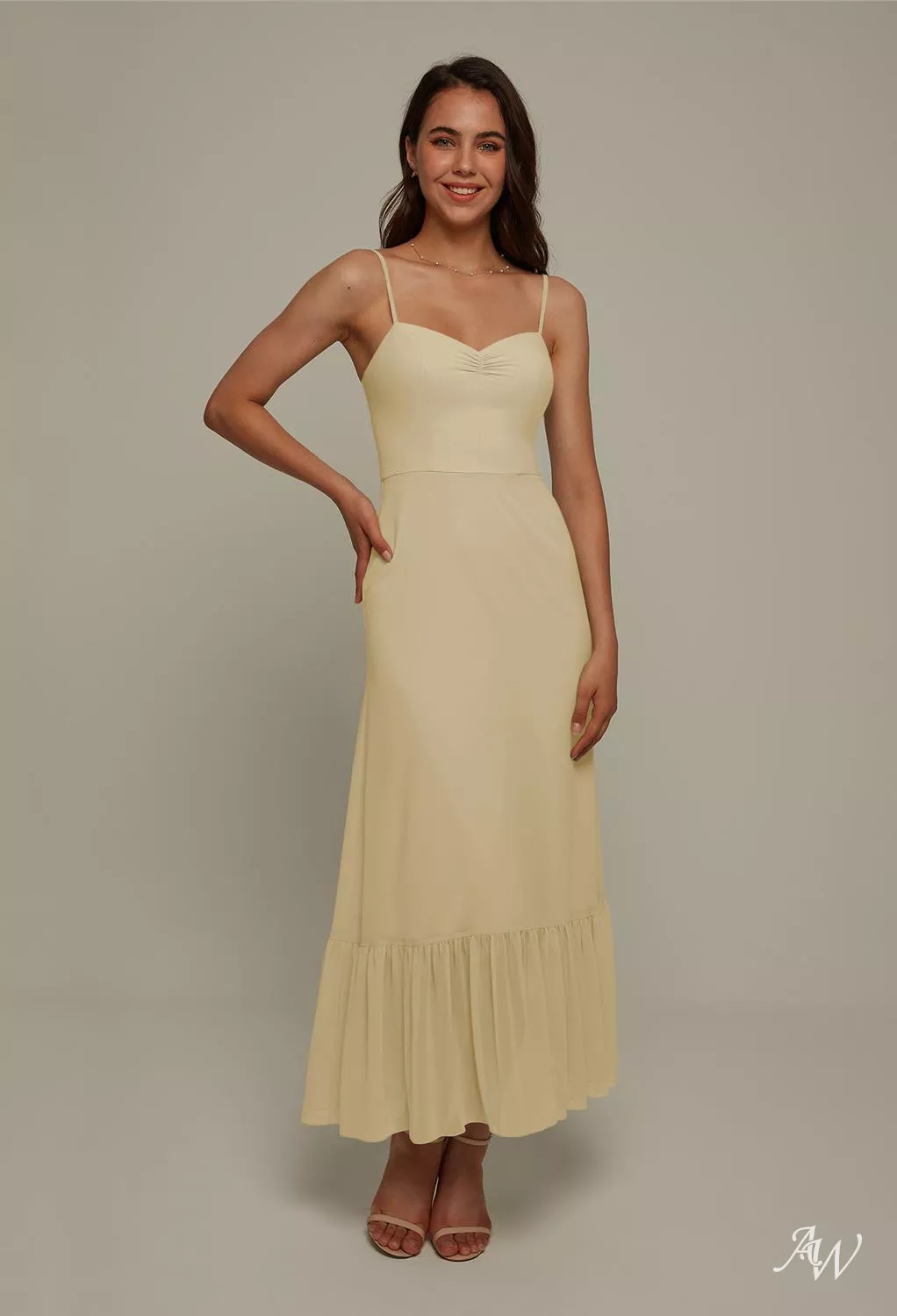 AW.Bridal A-Line Sweetheart Neckline Ankle Length Sleeveless Spaghetti Straps Pleat Ruffles Wedding Guest Dresses Dress Champagne Size 6