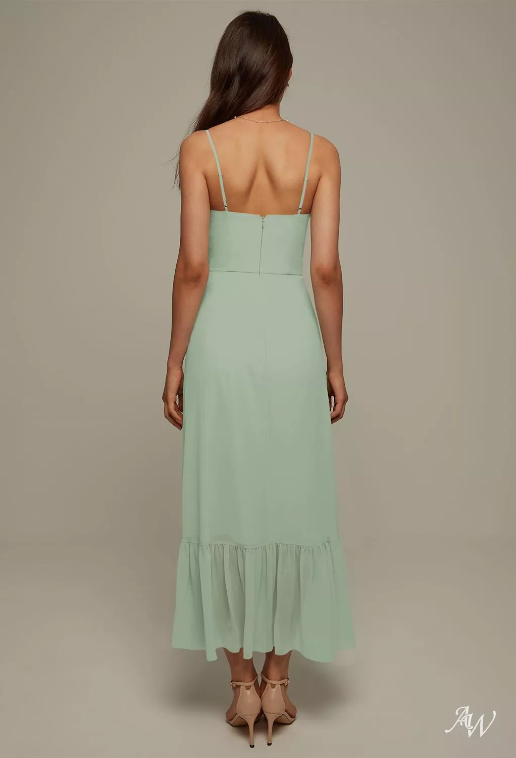 AW.Bridal A-line Sweetheart Neckline Ankle Length Sleeveless Spaghetti Straps Chiffon Pleat Ruffles Long Bridesmaid Dresses Sage Green Size 6