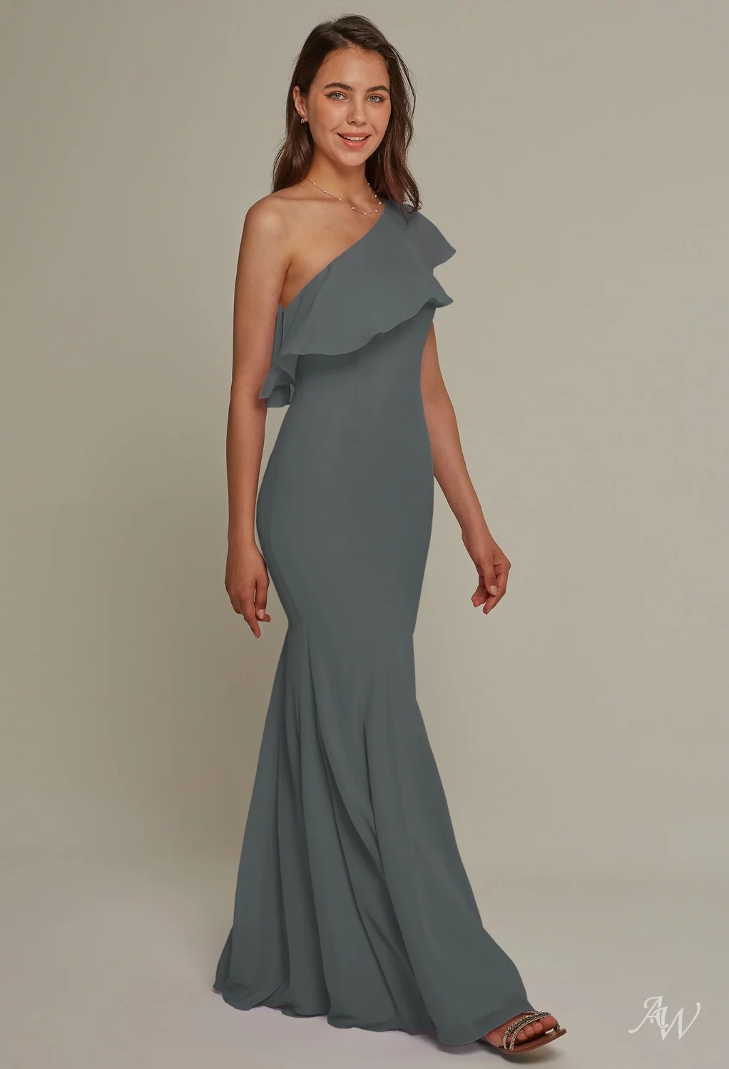 princess polly baby blue dress AW.Bridal Mermaid One Shoulder Floor Length Sleeveless Chiffon Ruffles Wedding Guest Dresses Steel Gray Size 4