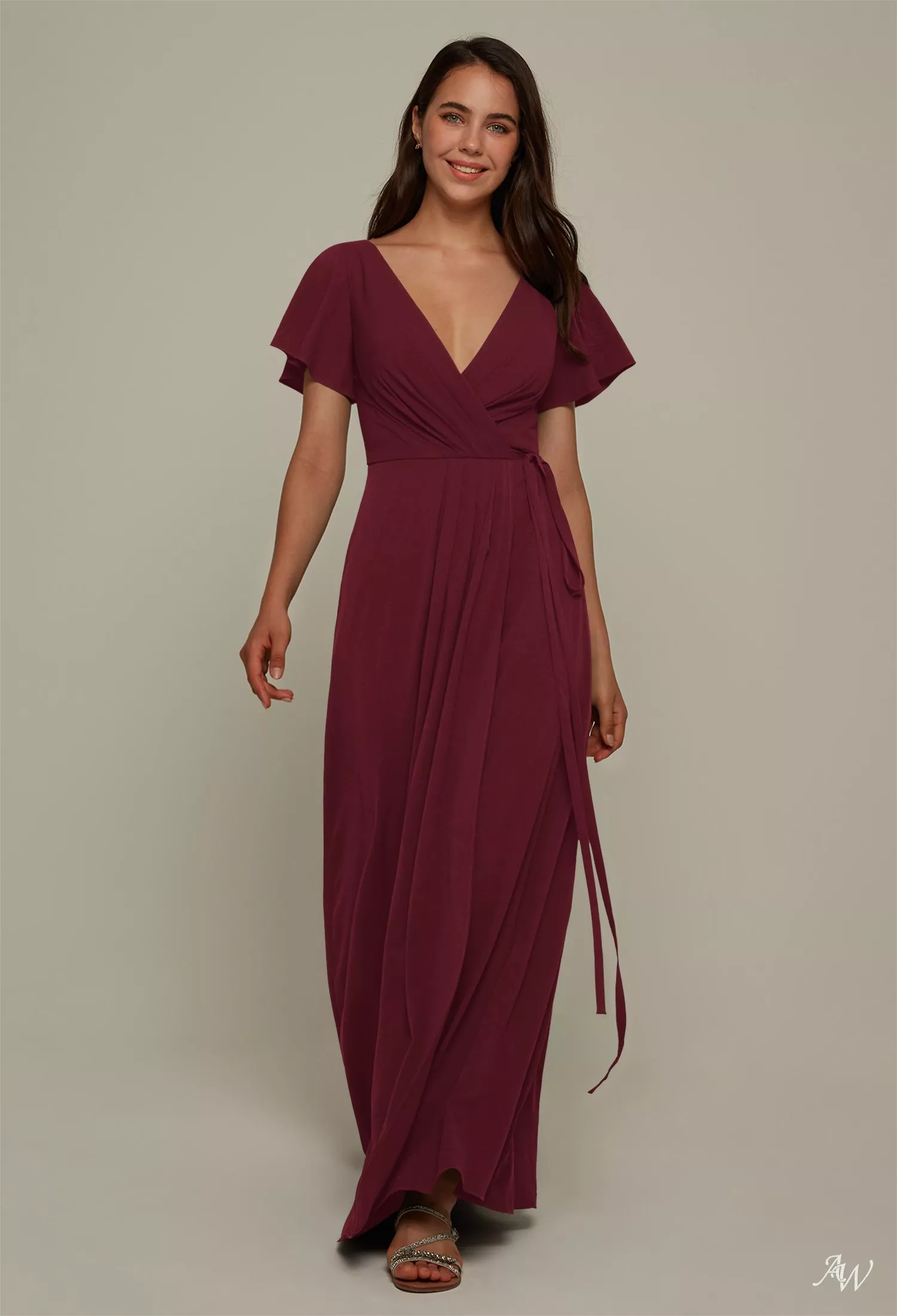 AW.Bridal A-line V-Neck Floor Length Short Sleeves Pleat Plus Size Dresses Dress Burgundy Size 6