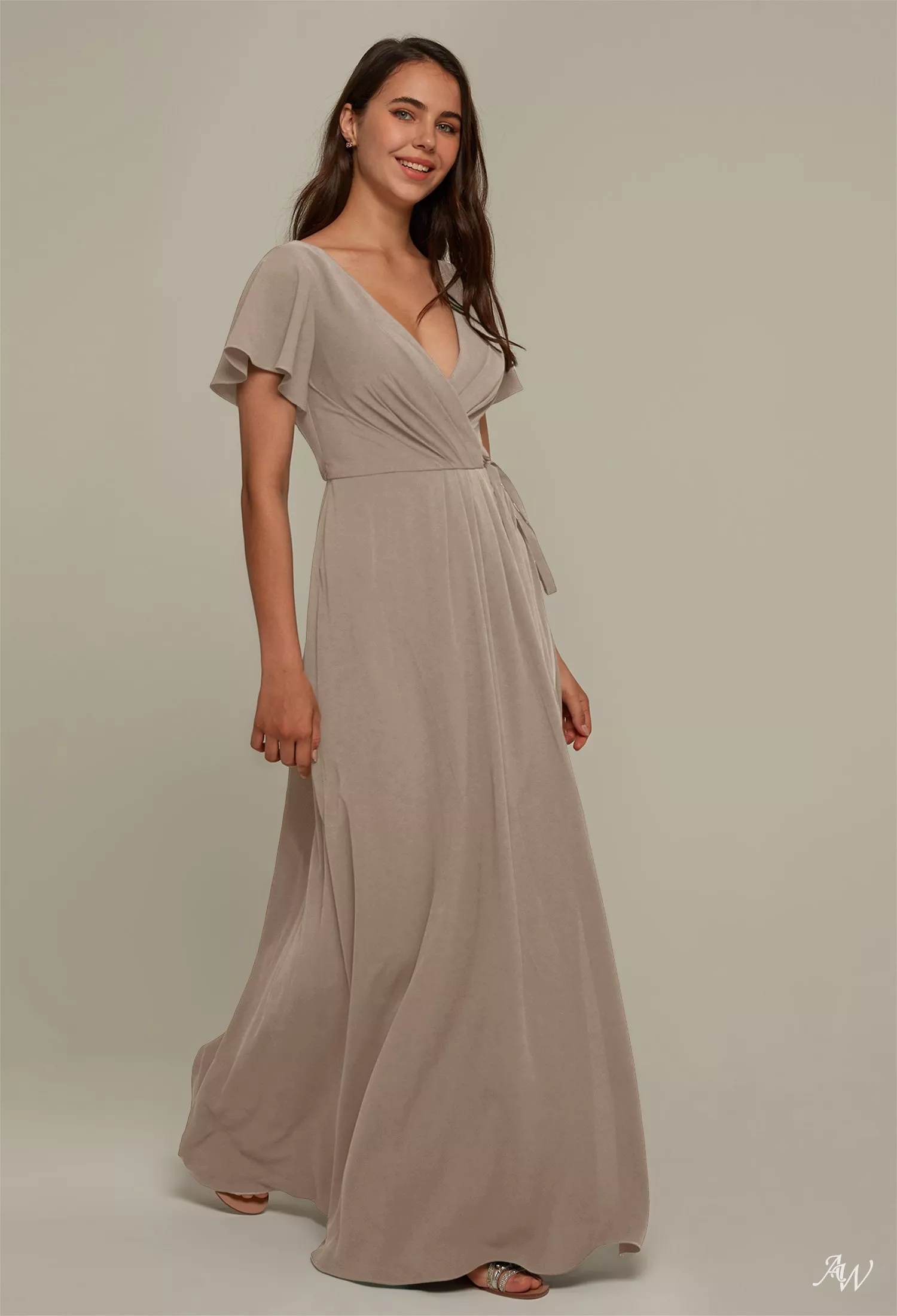 AW.Bridal A-line V-Neck Floor Length Short Sleeves Chiffon Pleat Long Bridesmaid Dresses Taupe Size 6
