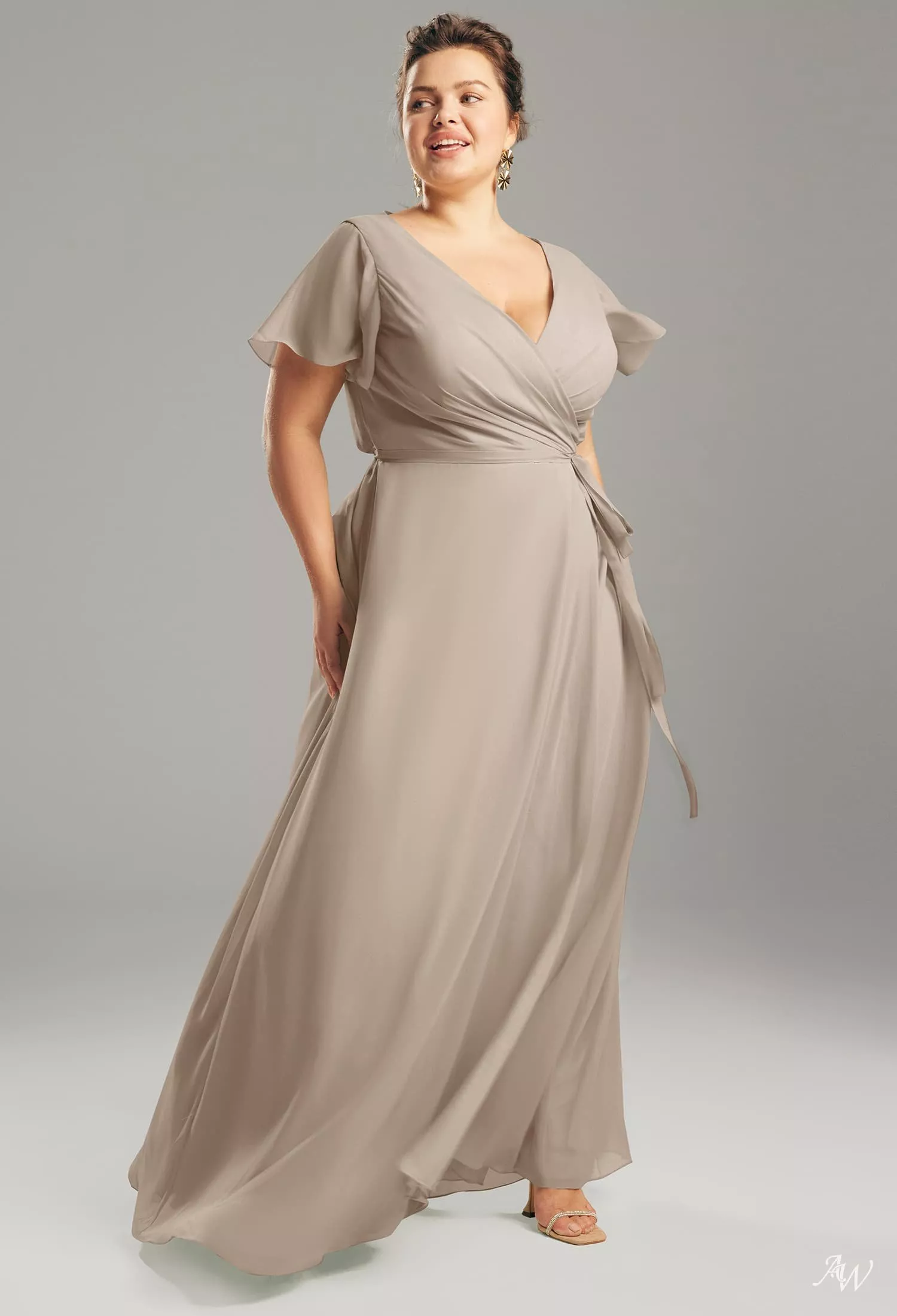 taupe silk bridesmaid dresses AW.Bridal A-line V-Neck Floor Length Short Sleeves Satin Long Bridesmaid Dresses Dress Taupe Size 6