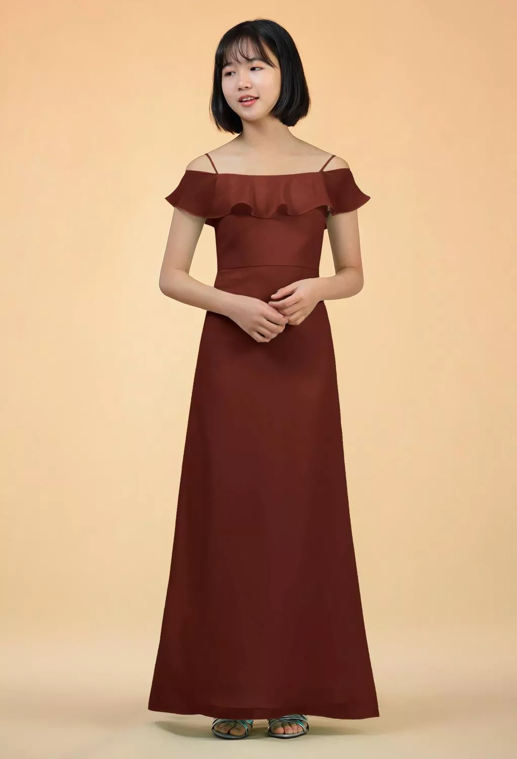 rust junior bridesmaid dresses Azazie Sheath Cowl Neck Floor-Length Chiffon Junior Bridesmaid Dresses