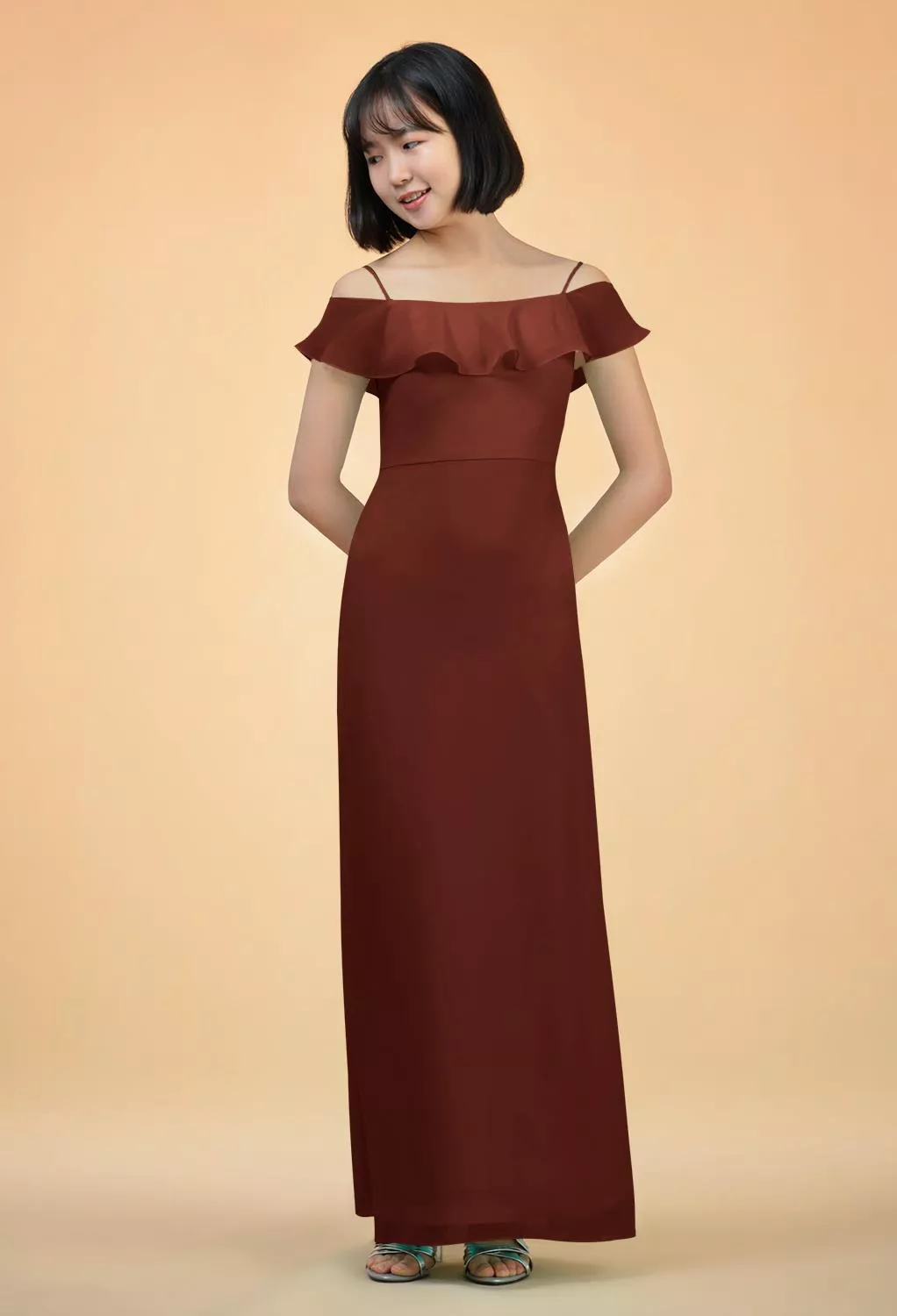 brown junior bridesmaid dress Elegant One-Shoulder Junior Bridesmaid Dress | Flowy Chiffon Formal Gown main image 1