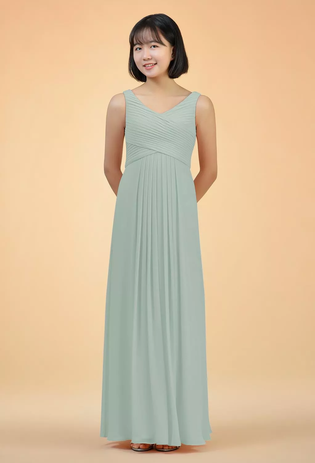 slim fit dress slacks Wedtrend Women Dusty Sage Chiffon Round Neck Junior Bridesmaid Dress with Cascading Ruffles Wedding Guest Dress, Dusty Sage / J6 main image 0