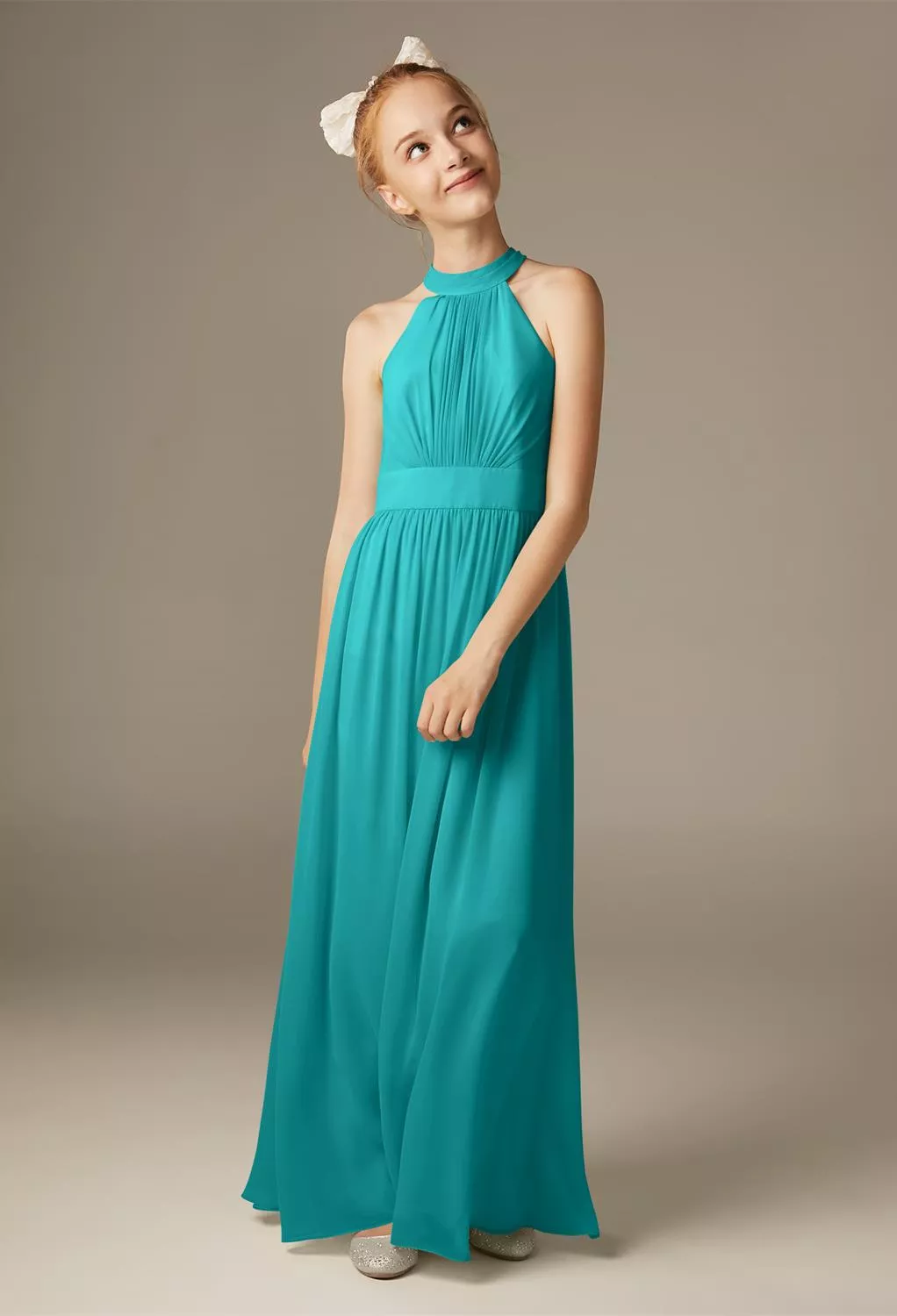 turquoise junior bridesmaid dresses Halter Floor-Length Chiffon Junior Bridesmaid Dress main image 1