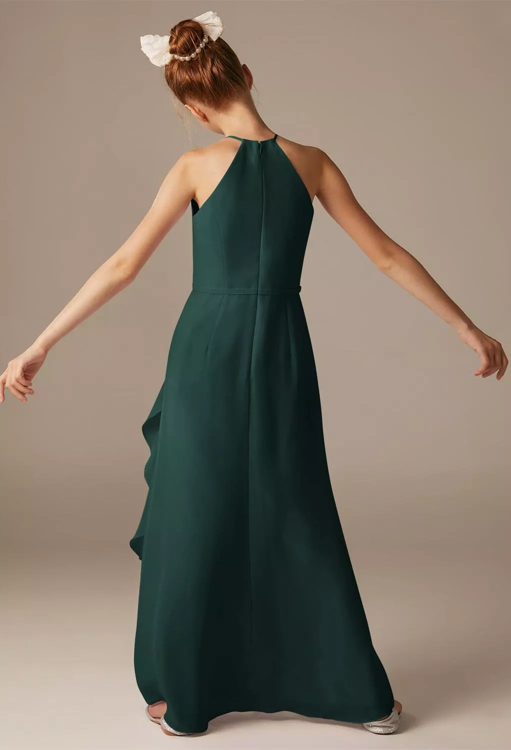 green emerald velvet dress Elegant One-Shoulder Junior Bridesmaid Dress | Flowy Chiffon Formal Gown main image 1
