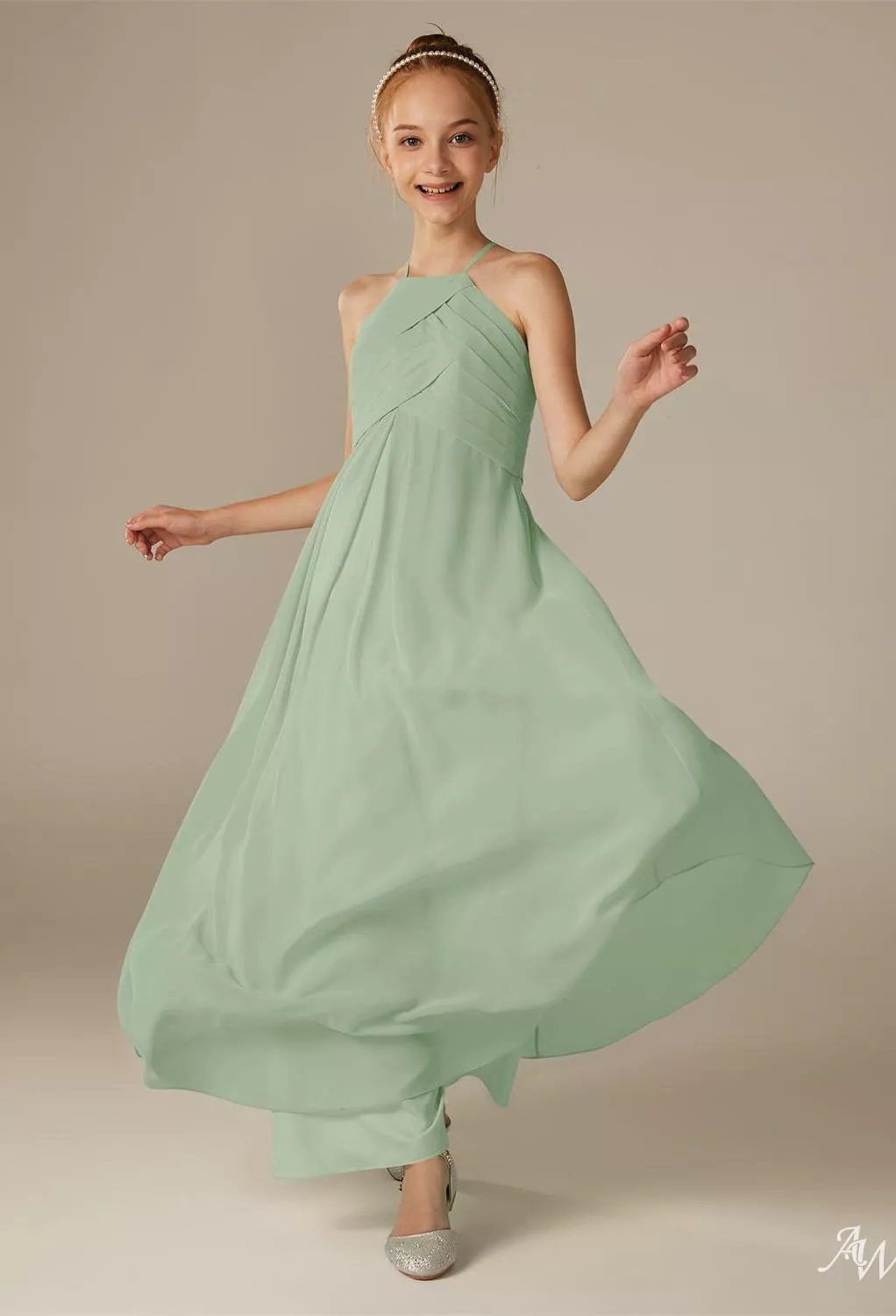 penny in green dress AW Sage Bridesmaid Dresses finish_walnut