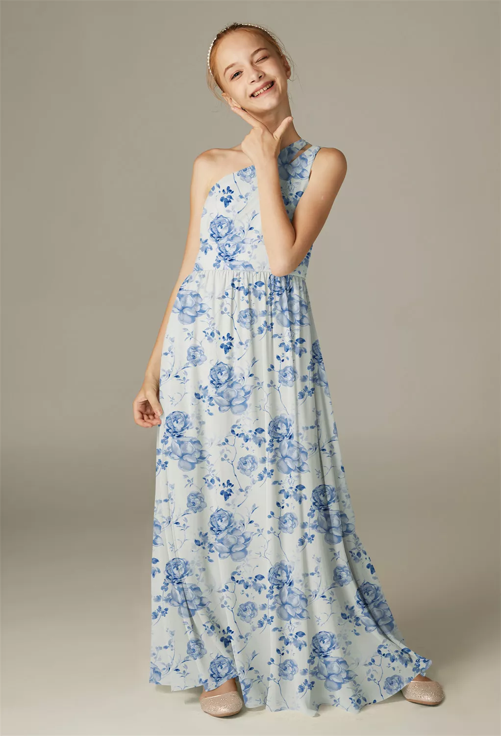bohemian junior bridesmaid dresses BABARONI Bateau Neckline Junior Bridesmaid Dresses with Sash Sky Blue, Sky Blue / J4 main image 1