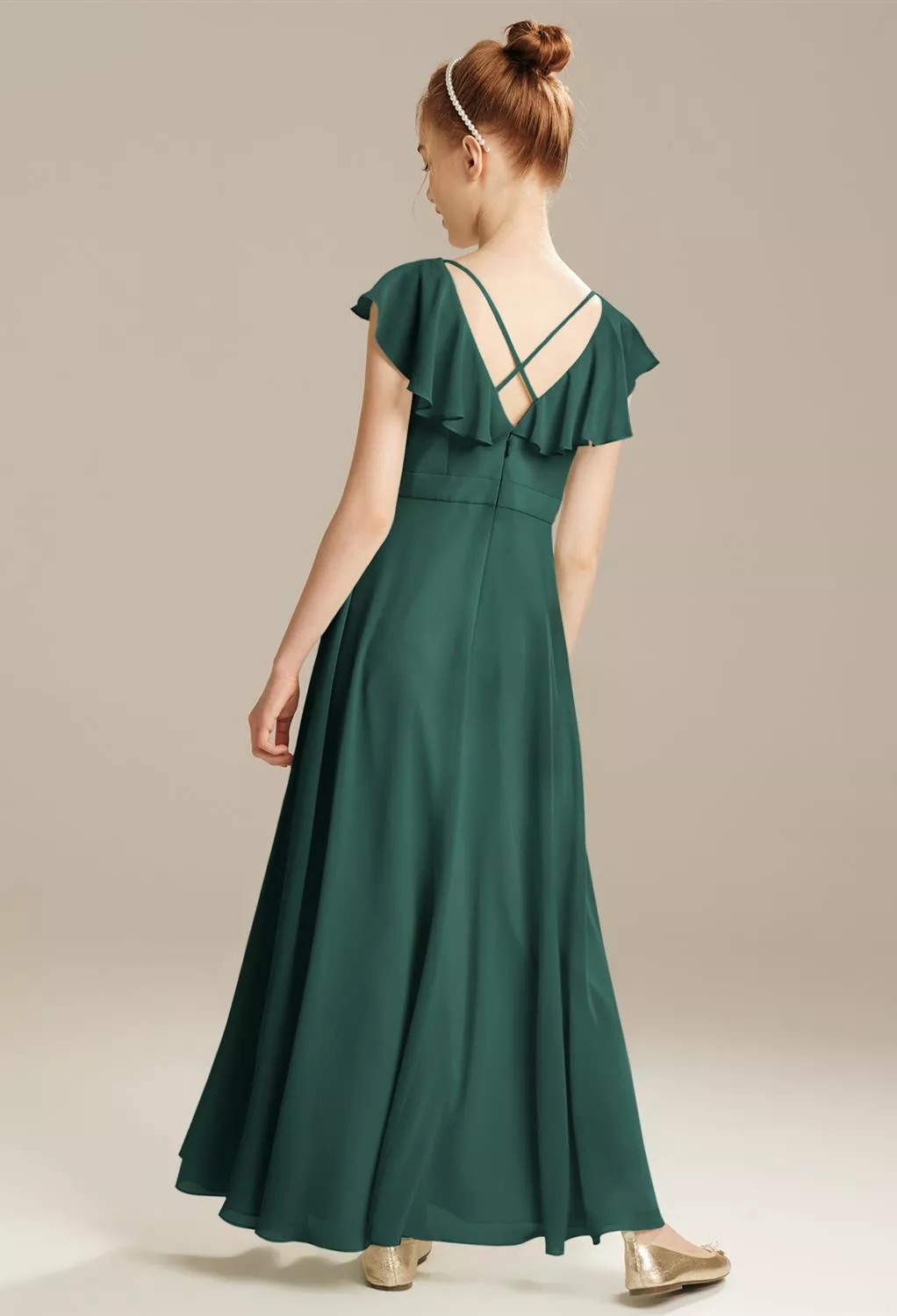 junior bridesmaid dresses emerald green BABARONI Chiffon Junior Bridesmaid Dresses Asymmetrical Cascading Skirt Dark Green, Dark Green / J4 main image 0