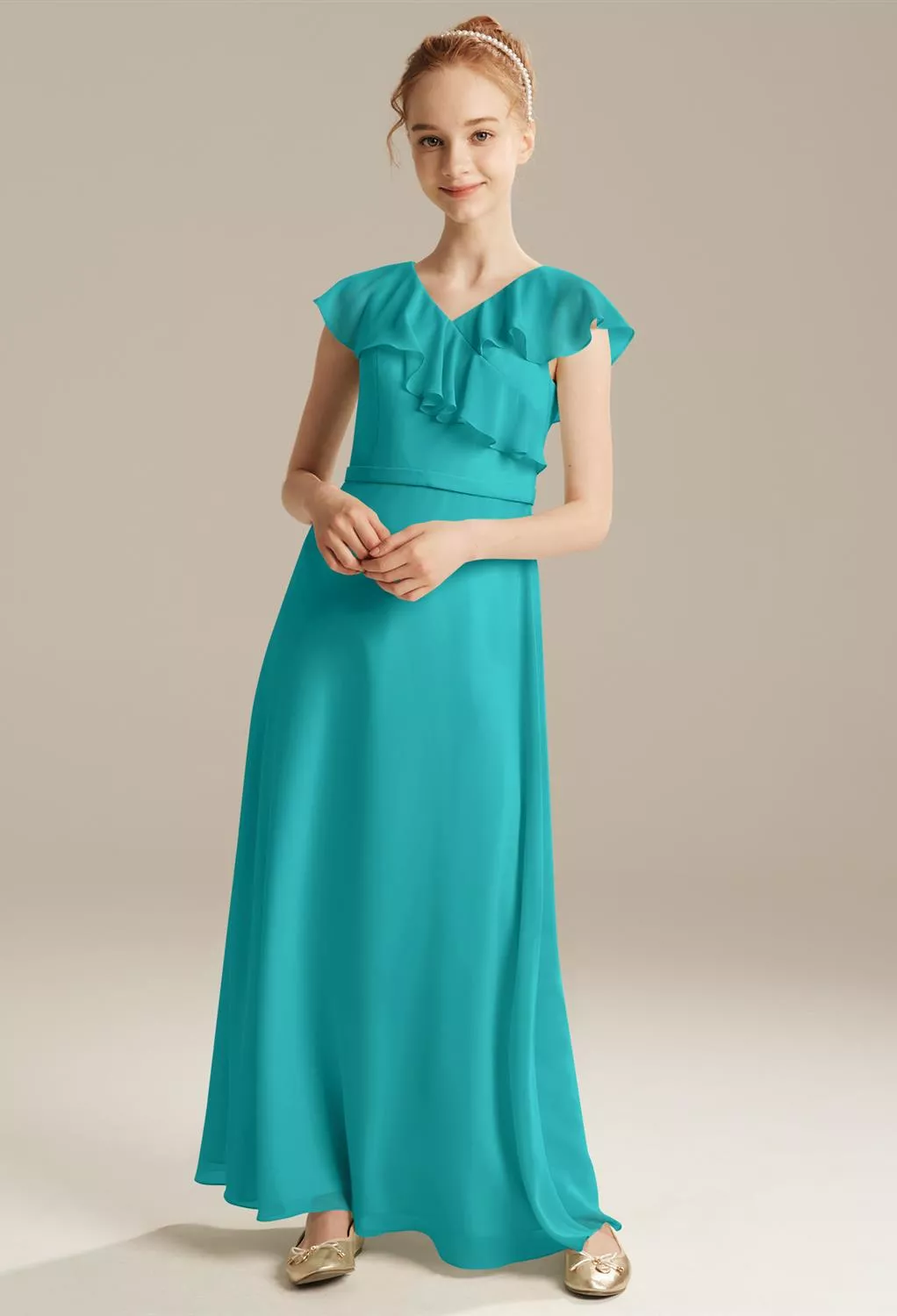 teal junior bridesmaid dresses Mori Lee 13214 Flounce Bodice Satin Junior Bridesmaid Dress