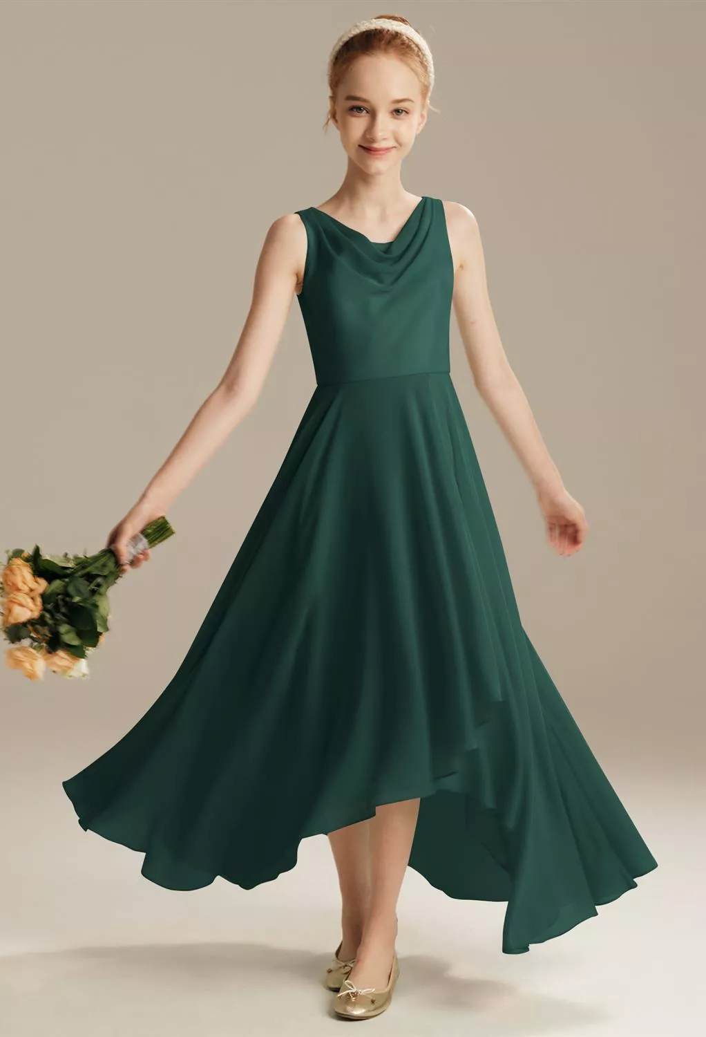 emerald green junior bridesmaid dress BABARONI Chiffon Junior Bridesmaid Dresses Asymmetrical Cascading Skirt Dark Green, Dark Green / J4