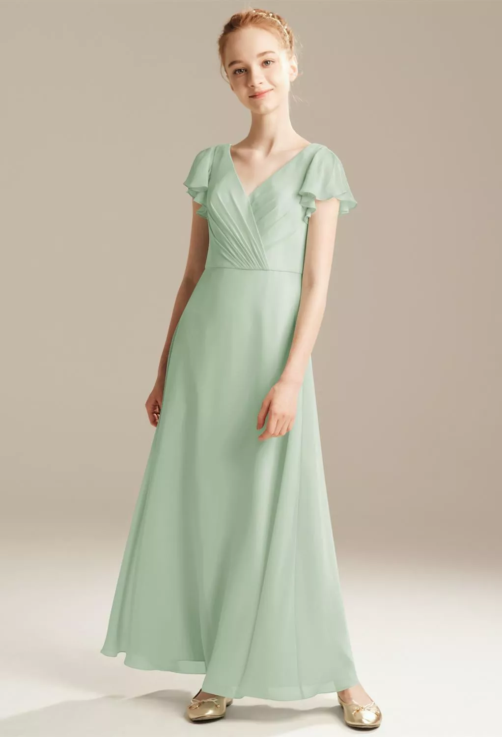 slim fit dress slacks Zapaka Women Lilac Chiffon Long Junior Bridesmaid Dress with Sleeves V-Neck  A-Line Ruched Wedding Guest Dress – ZAPAKA main image 0