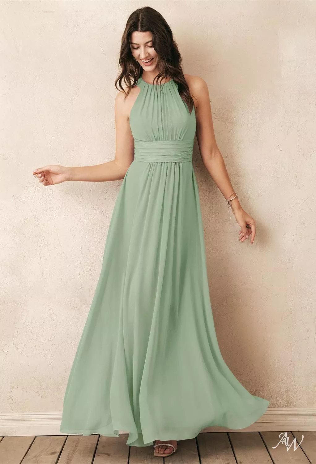 AW.Bridal A-line Halter Neckline Floor Length Sleeveless Pleat Long Bridesmaid Dresses Dress Sage Green Size 4