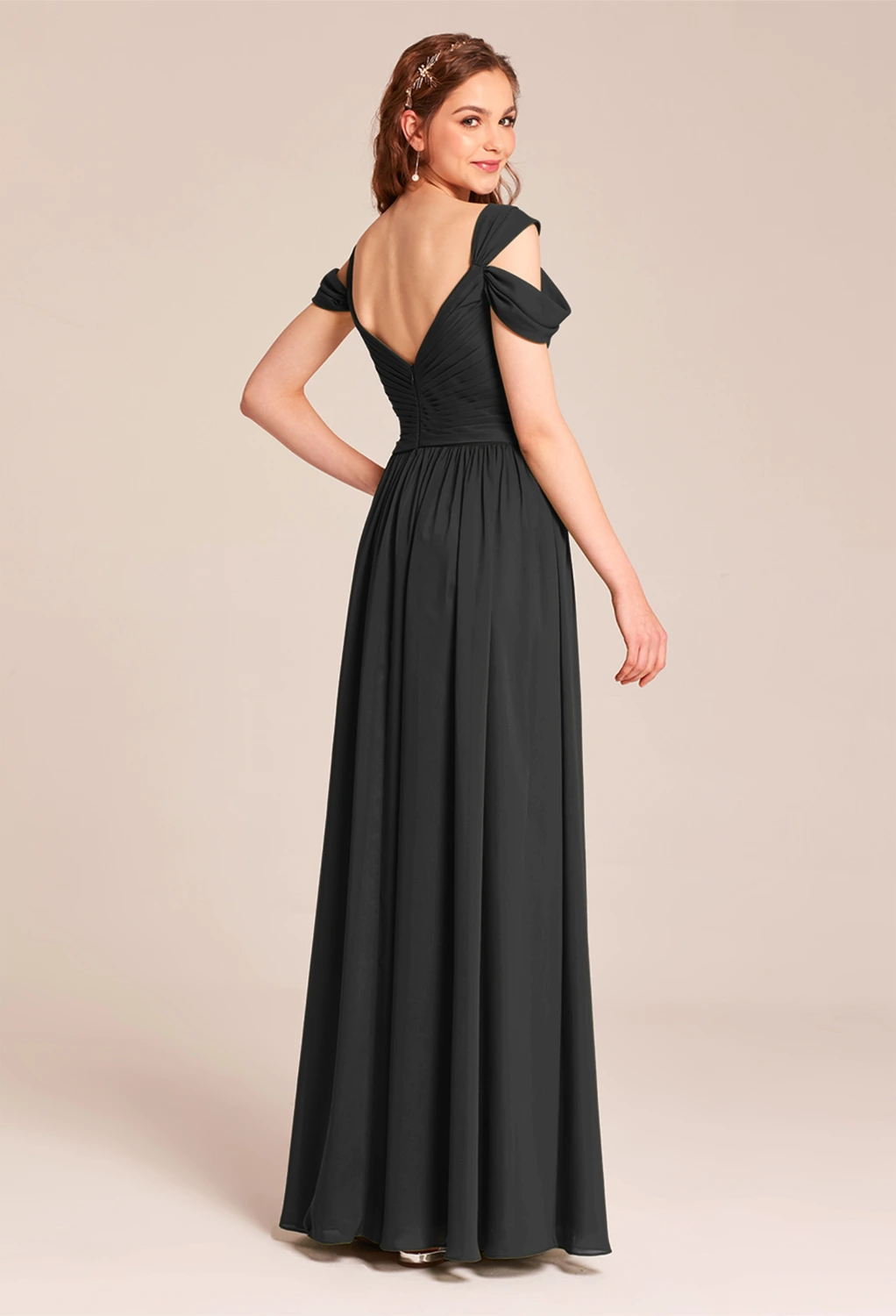 long flowy sheer dresses Sheer Long Sleeves Nude Chiffon Prom Dresses With Split
