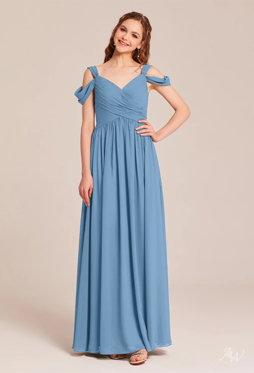 AW.Bridal A-Line V-Neck Floor Length Sleeveless Pleat Long Bridesmaid Dresses Dress Dusty Blue Size 6