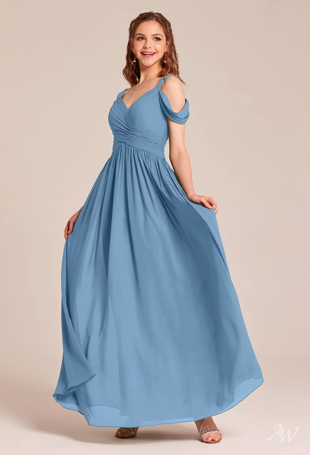 gracia a line dress AW.Bridal A-line V-Neck Floor Length Sleeveless Pleat Long Bridesmaid Dresses Dusty Blue Size 6 Why Taffeta Wedding Dresses