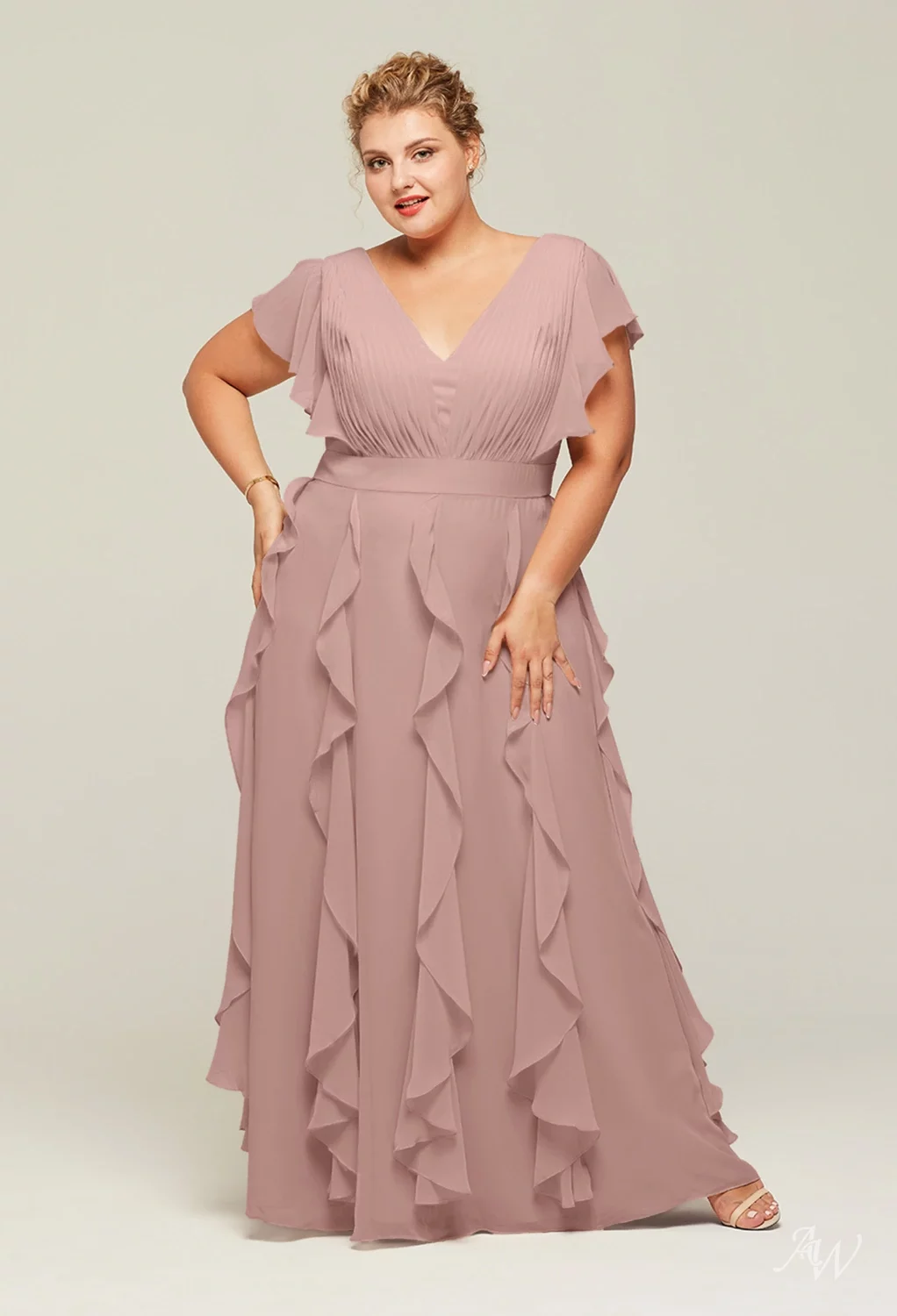 dusty pink bridesmaid dresses plus size AW.Bridal A-line V-Neck Floor Length Short Sleeves Ruffles Long Dress Rose 6 Choose Your Fabric Type:Bamboo Cotton Spandex Jersey (off white) 58