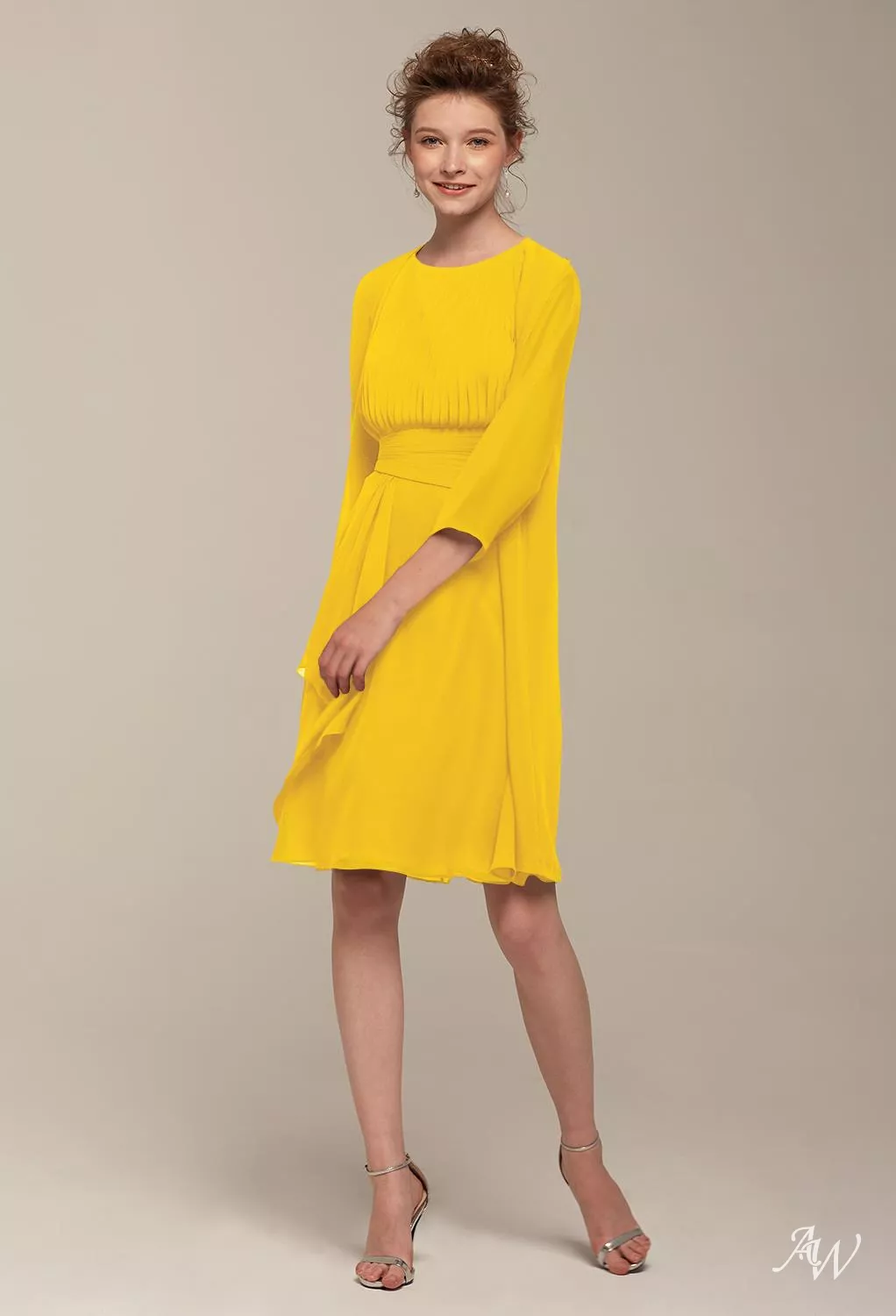 yellow knee length bridesmaid dress AW.Bridal A-line Bateau Neckline Sleeveless Ruching Short Dresses Mustard Size 8 Stacees Color:Champlain color flowy_styles Navy Blue Flannel Suit while the subtle slit