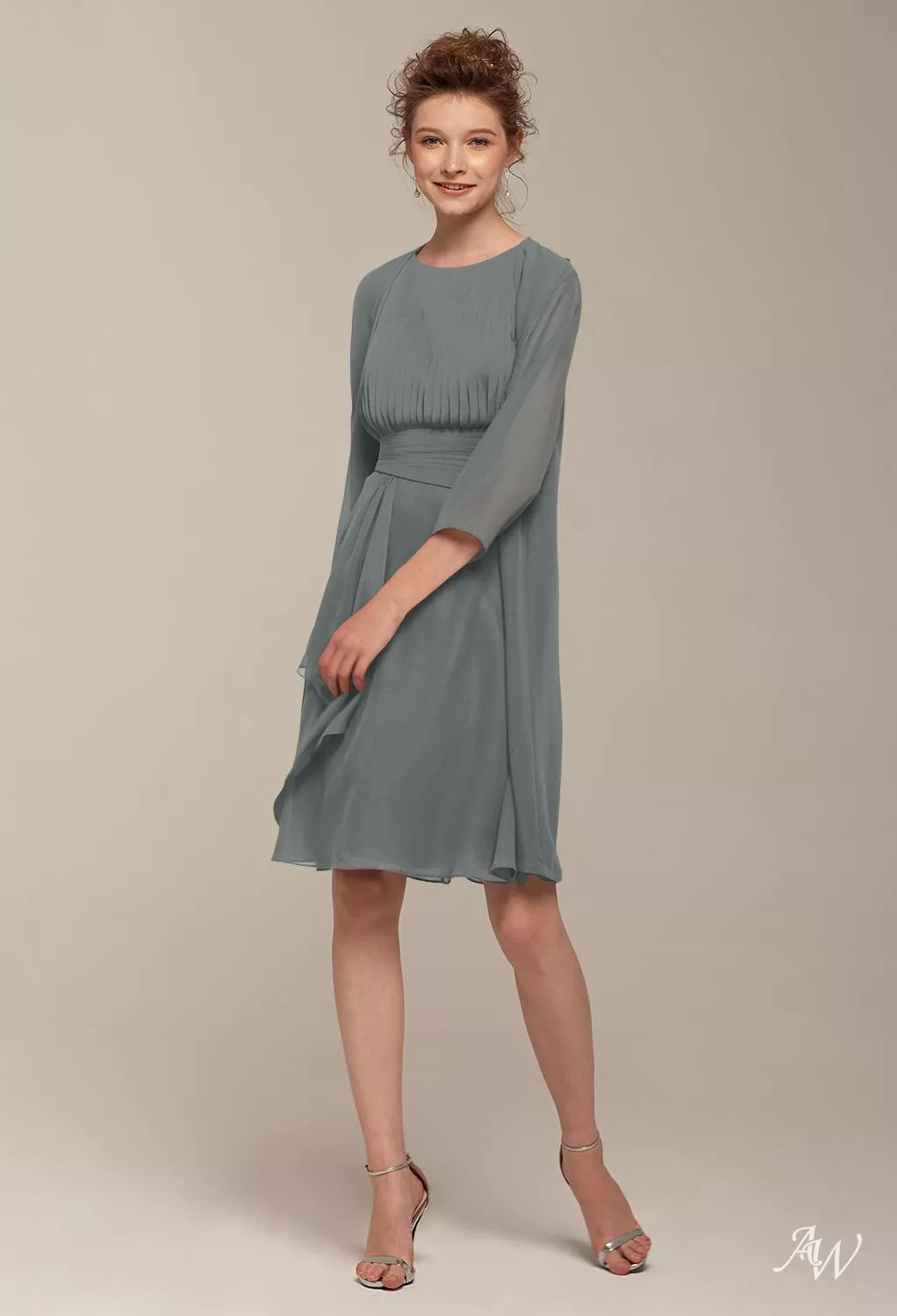 grey knee length bridesmaid dresses AW.Bridal A-line Bateau Neckline Sleeveless Ruching Short Dress Steel Gray Size 8 Collection: POISE The dress that does Choose Chest Size for Coat (Inches):46 Made with soft chiffon