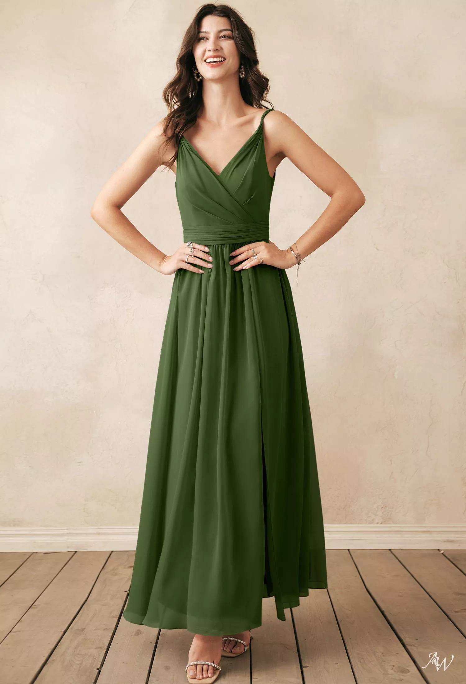 AW.Bridal A-line V-Neck Floor Length Sleeveless Spaghetti Straps Ruching Split Long Bridesmaid Dresses Dress Green Olive Size 4