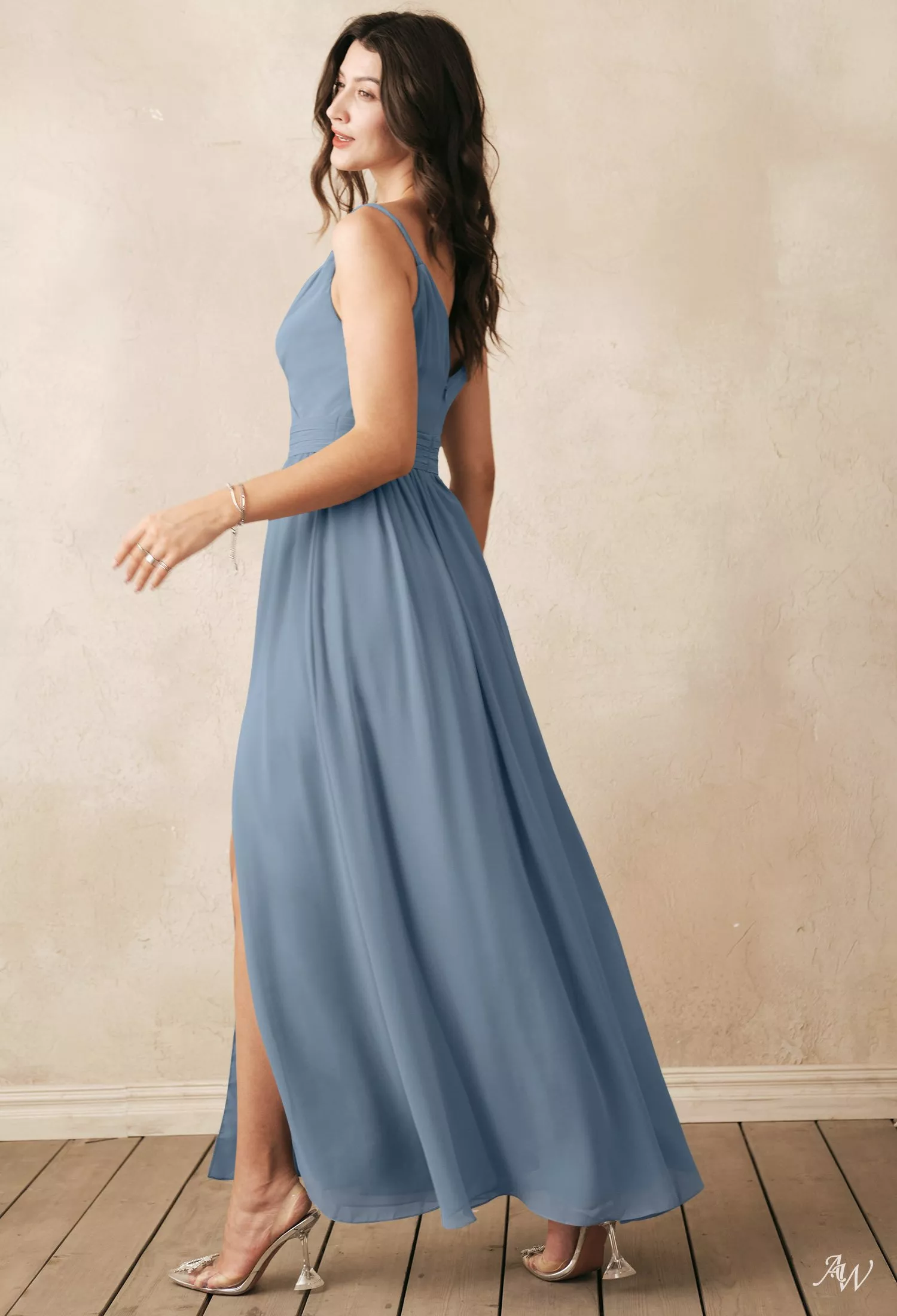 AW.Bridal A-line V-Neck Floor Length Sleeveless Spaghetti Straps Ruching Split Long Bridesmaid Dresses Dress Light Dusty Blue Size 4