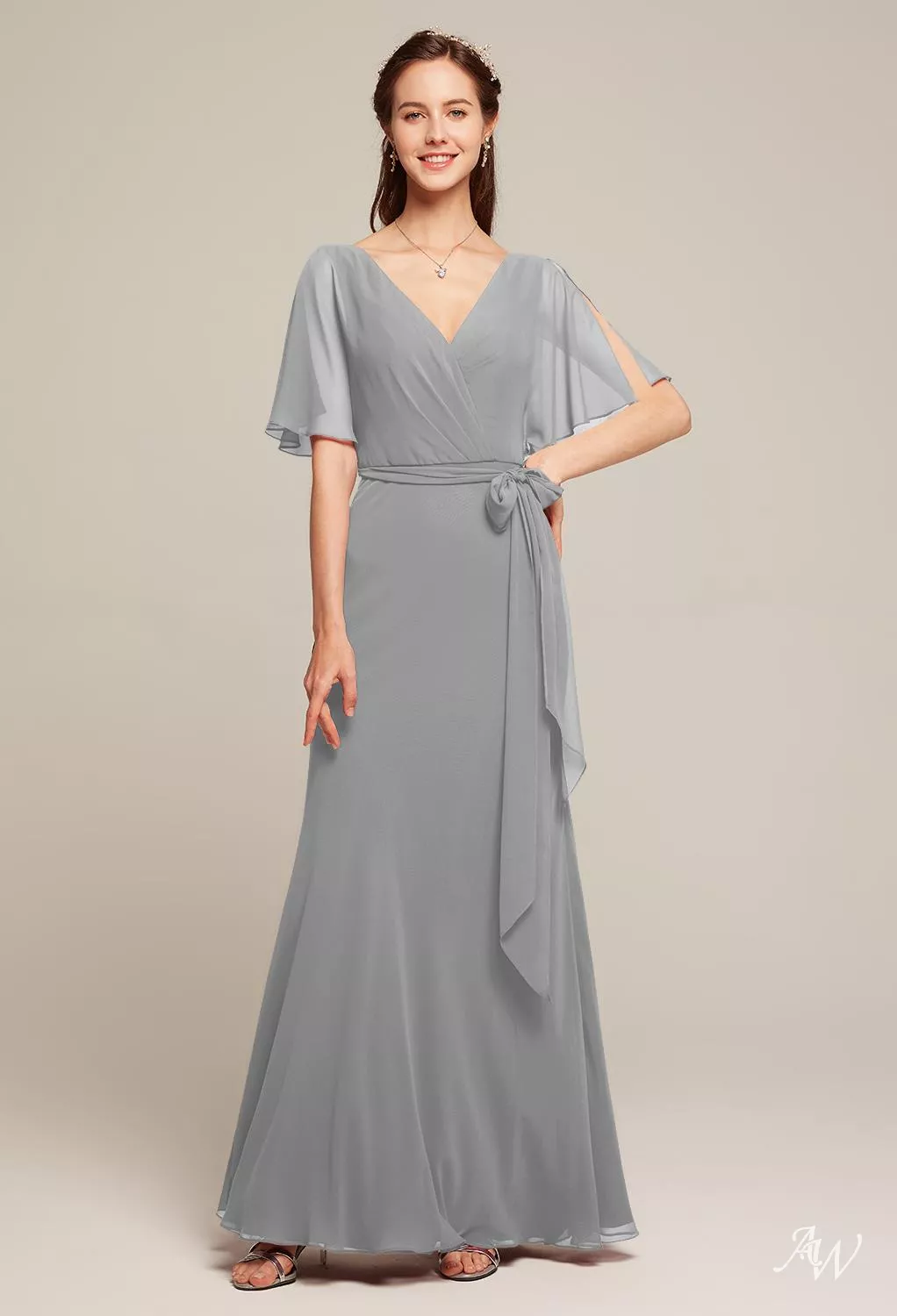 dove gray bridesmaid dresses Chiffon A-Line Long Bridesmaid Dress with Flutter Sleeves in Dove Gray, Dove Gray / 2 main image 1