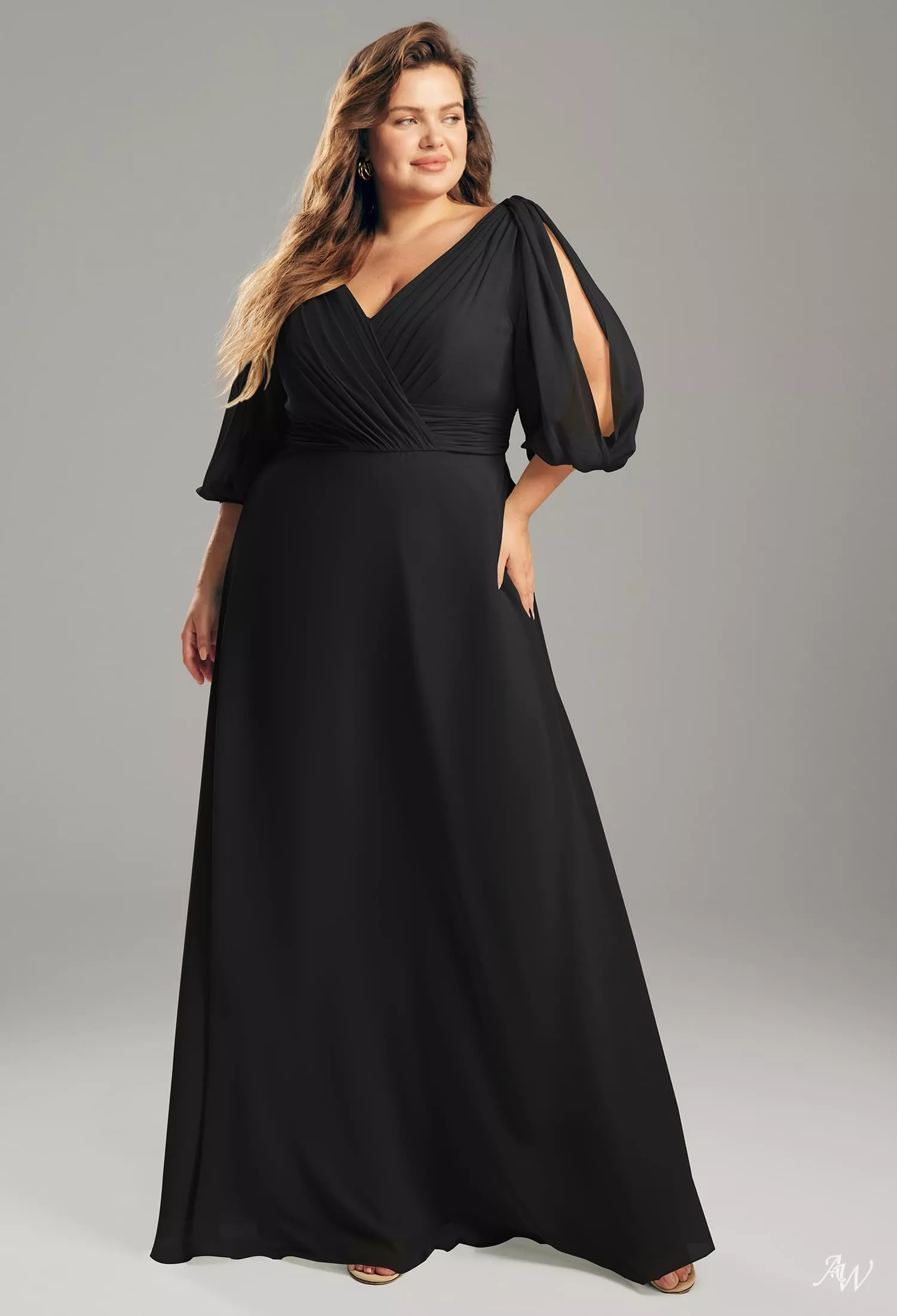poly bridesmaid dresses AW.Bridal A-line V-Neck Floor Length Puff Sleeves Chiffon Long Bridesmaid Dresses Black Size 4