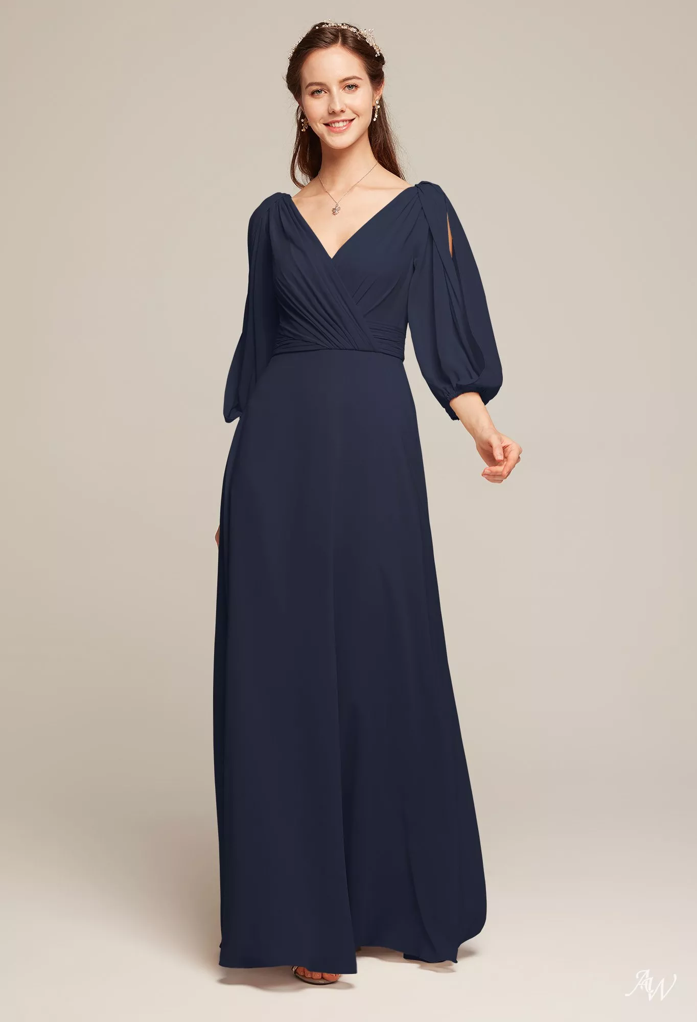 AW.Bridal A-line V-Neck Floor Length Puff Sleeves Long Bridesmaid Dresses Dress Dark Navy Plus Size 16