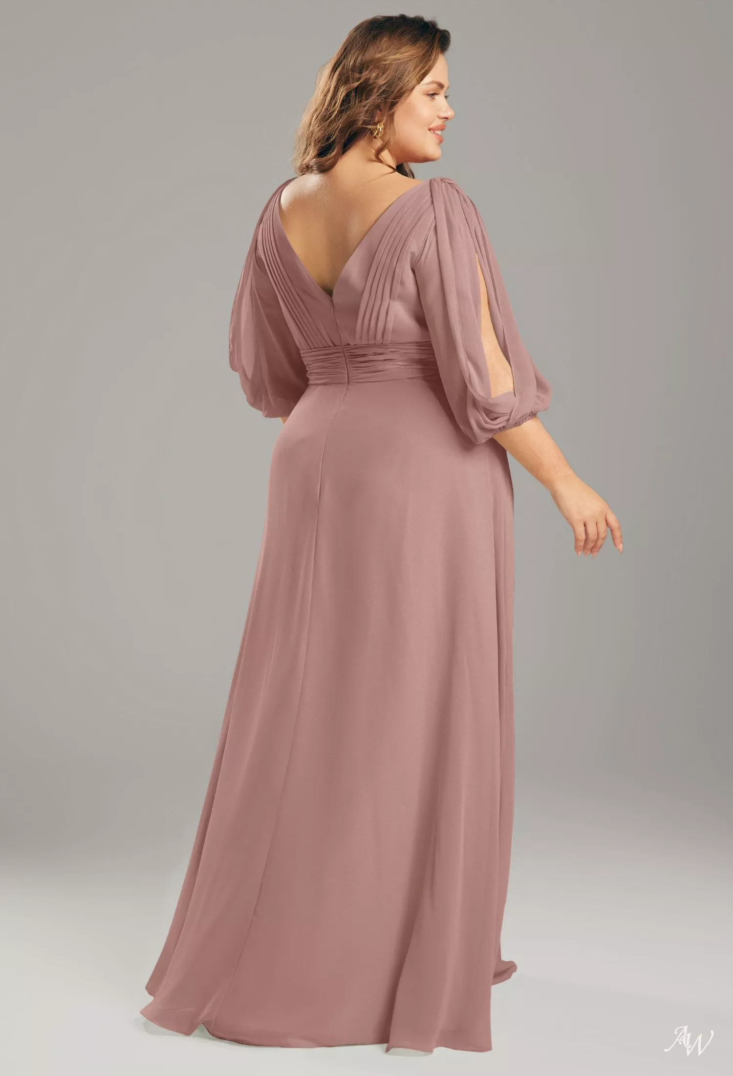 AW.Bridal A-line V-Neck Floor Length Puff Sleeves Plus Size Dresses Dress Dusty Rose Plus Size 16