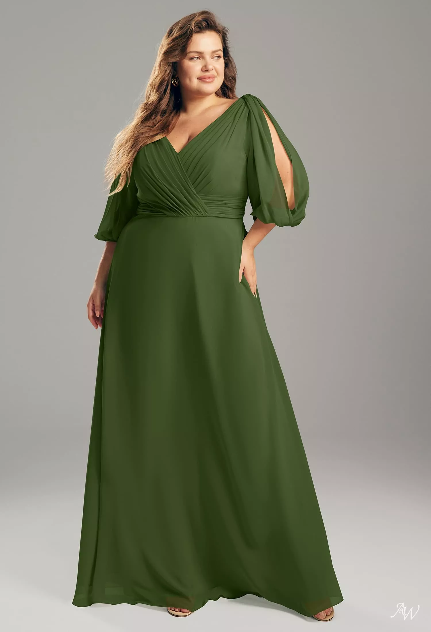 AW.Bridal A-line V-Neck Floor Length Puff Sleeves Plus Size Dresses Dress Green Olive Size 8