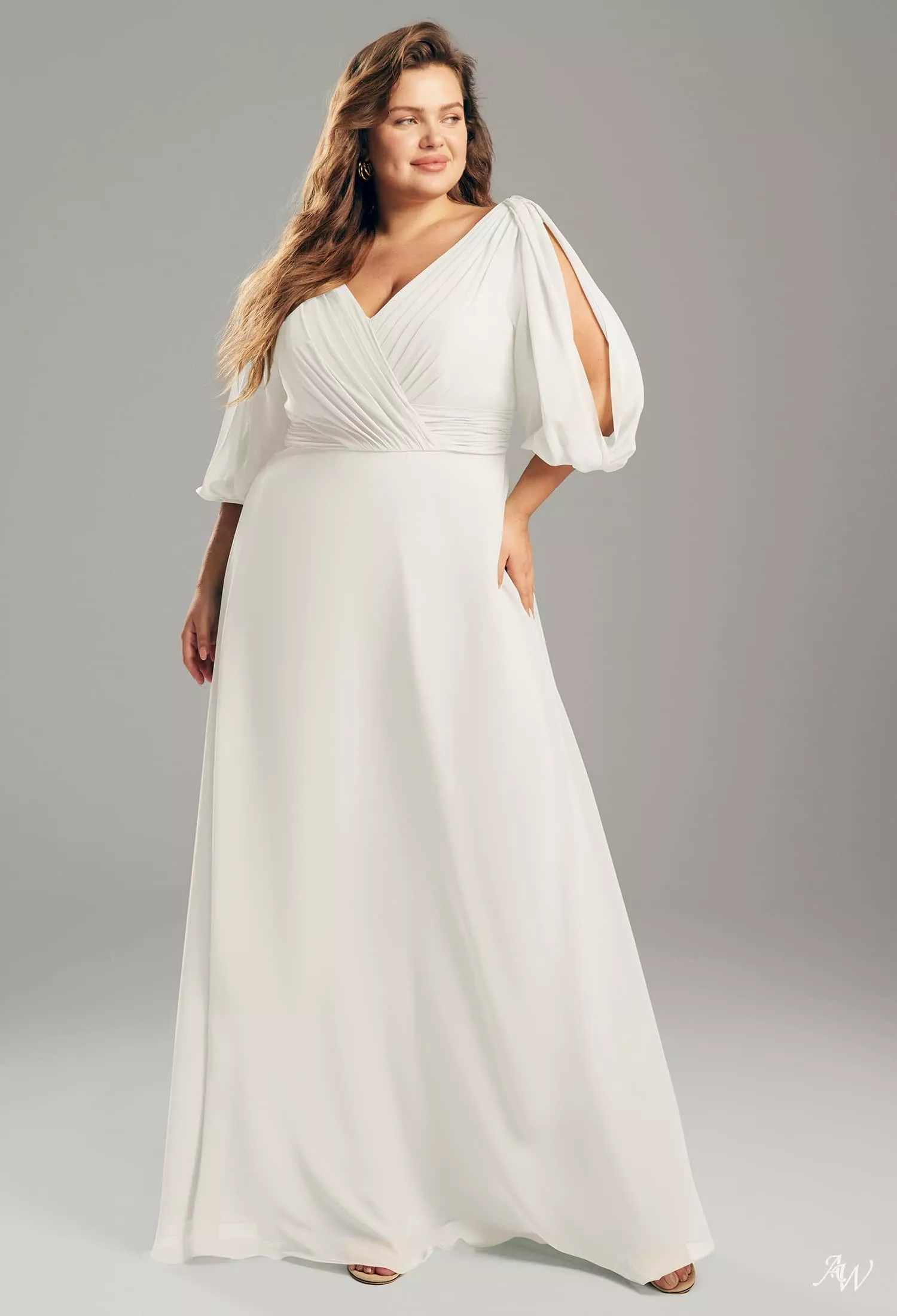 AW.Bridal A-Line V-Neck Floor Length Puff Sleeves Long Bridesmaid Dresses Dress Ivory Size 8