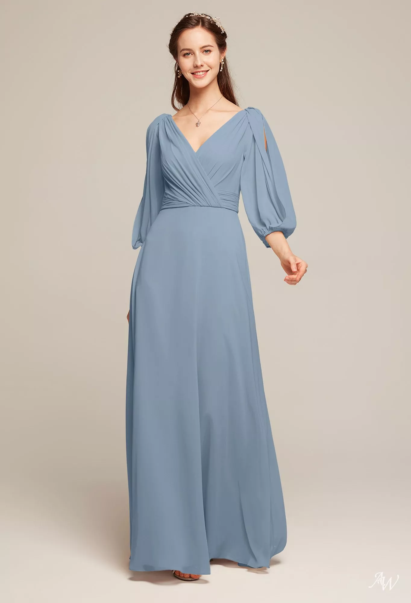 AW.Bridal A-line V-Neck Floor Length Puff Sleeves Chiffon Long Bridesmaid Dresses Light Dusty Blue Size 6