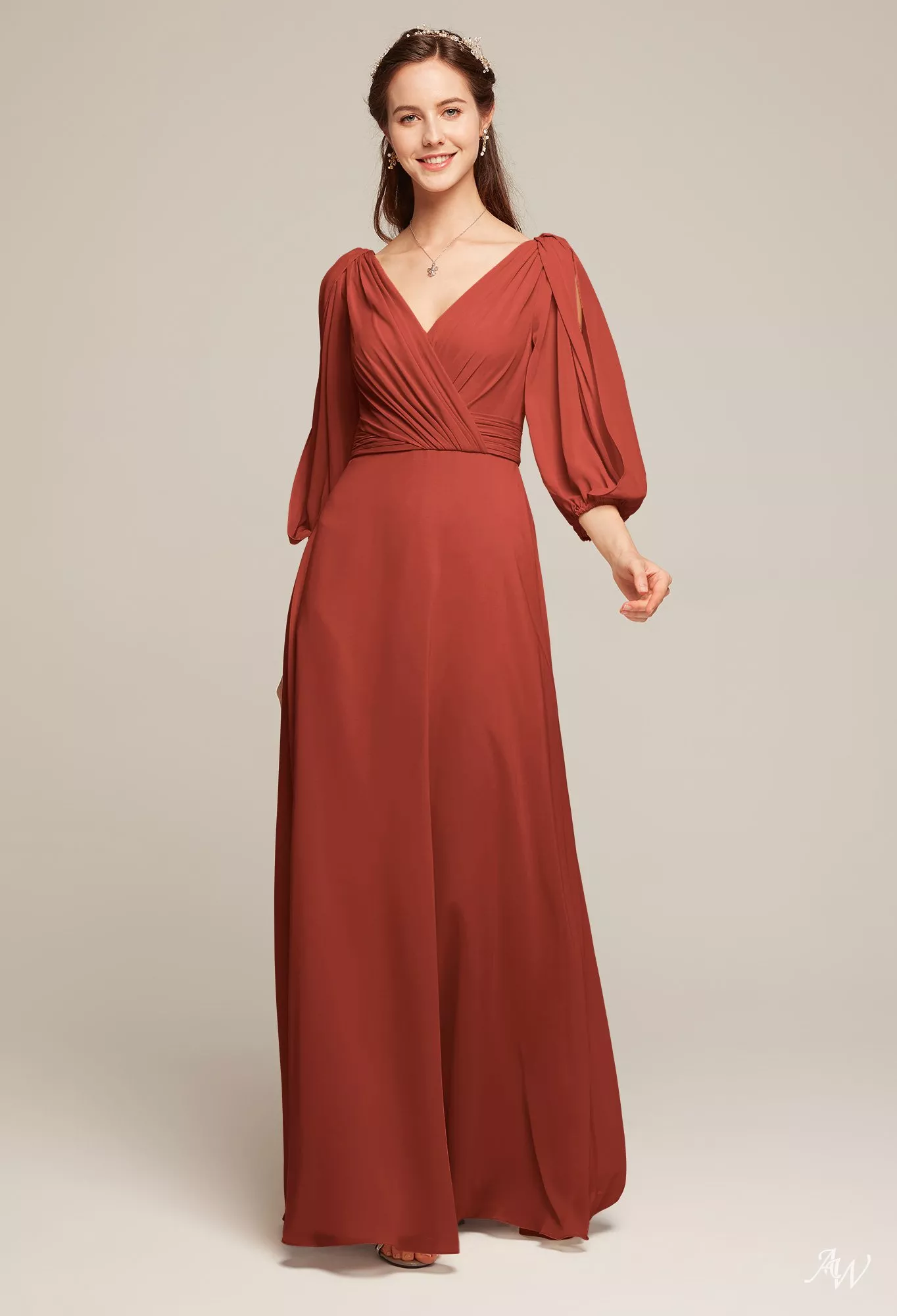 rust bridesmaid dress with sleeves AW.Bridal A-line V-Neck Floor Length Puff Sleeves Plus Size Dresses Dress Rust Size 6