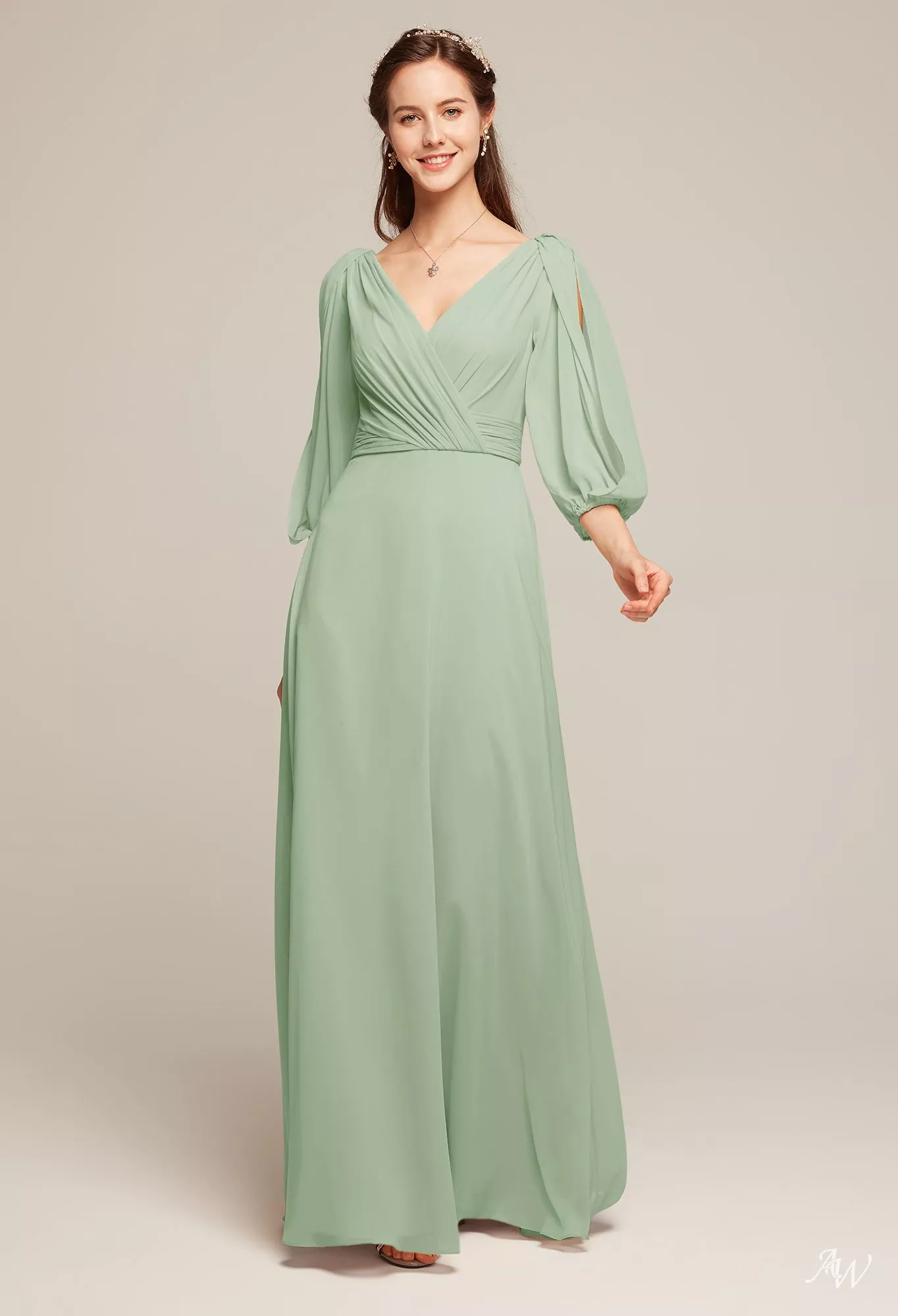 AW.Bridal A-line V-Neck Floor Length Puff Sleeves Chiffon Long Bridesmaid Dresses Sage Green Size 8