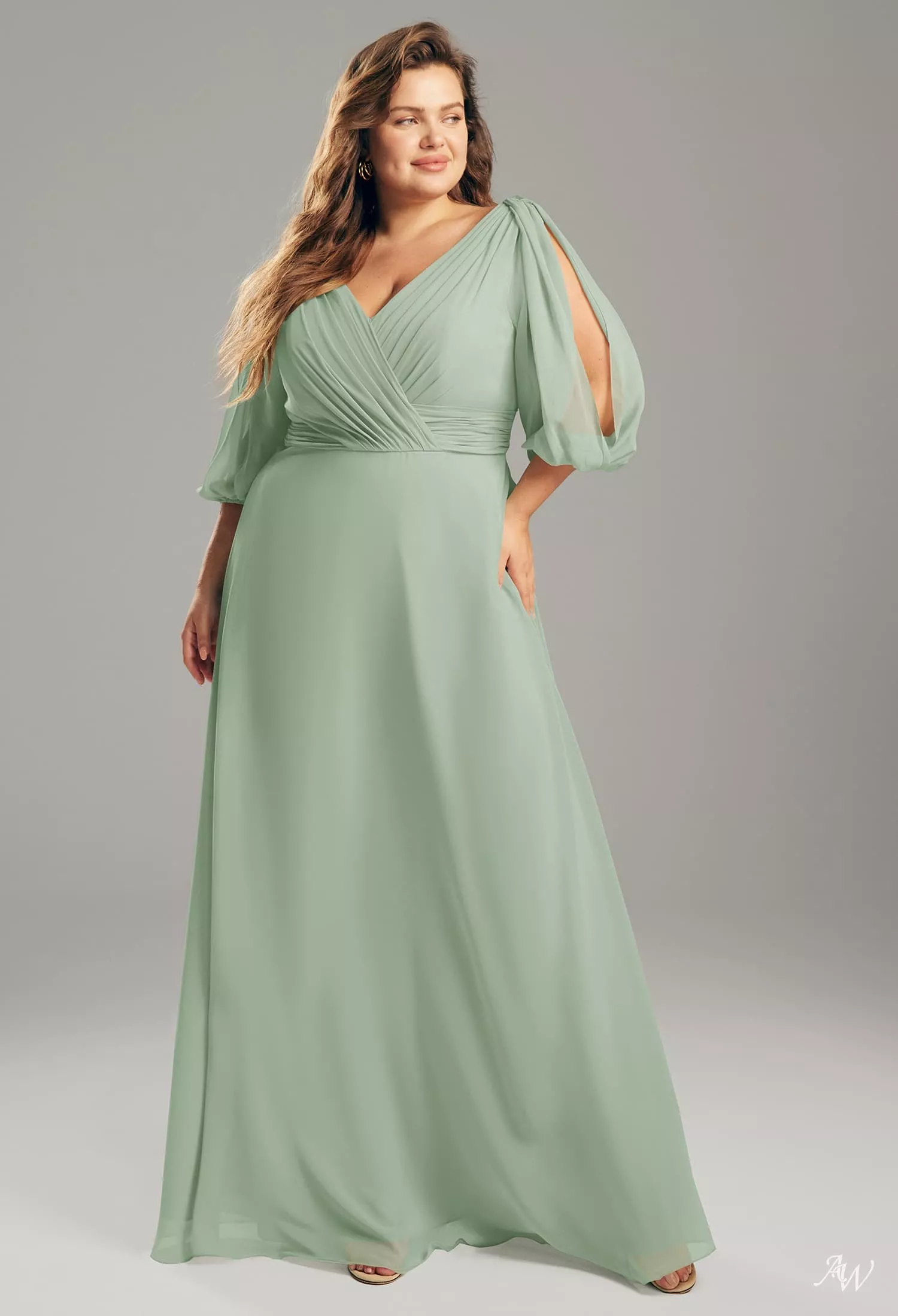 AW.Bridal A-line V-Neck Floor Length Puff Sleeves Chiffon Long Bridesmaid Dresses Sage Green Size 8