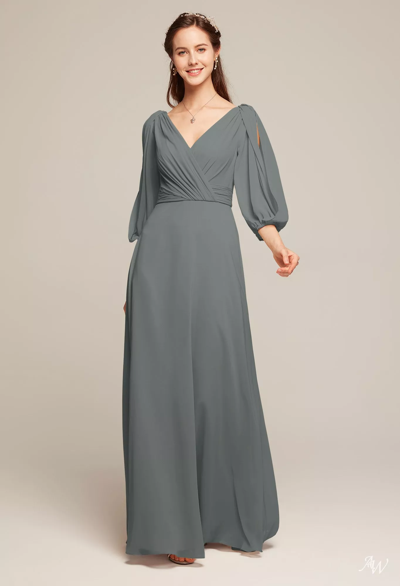 steel grey bridesmaid dresses AW.Bridal A-line V-Neck Floor Length Puff Sleeves Long Dress Gray Size 8 Elena Gilbert Blue Formal and a chic maxi monthly_bestseller Option to:BUY
