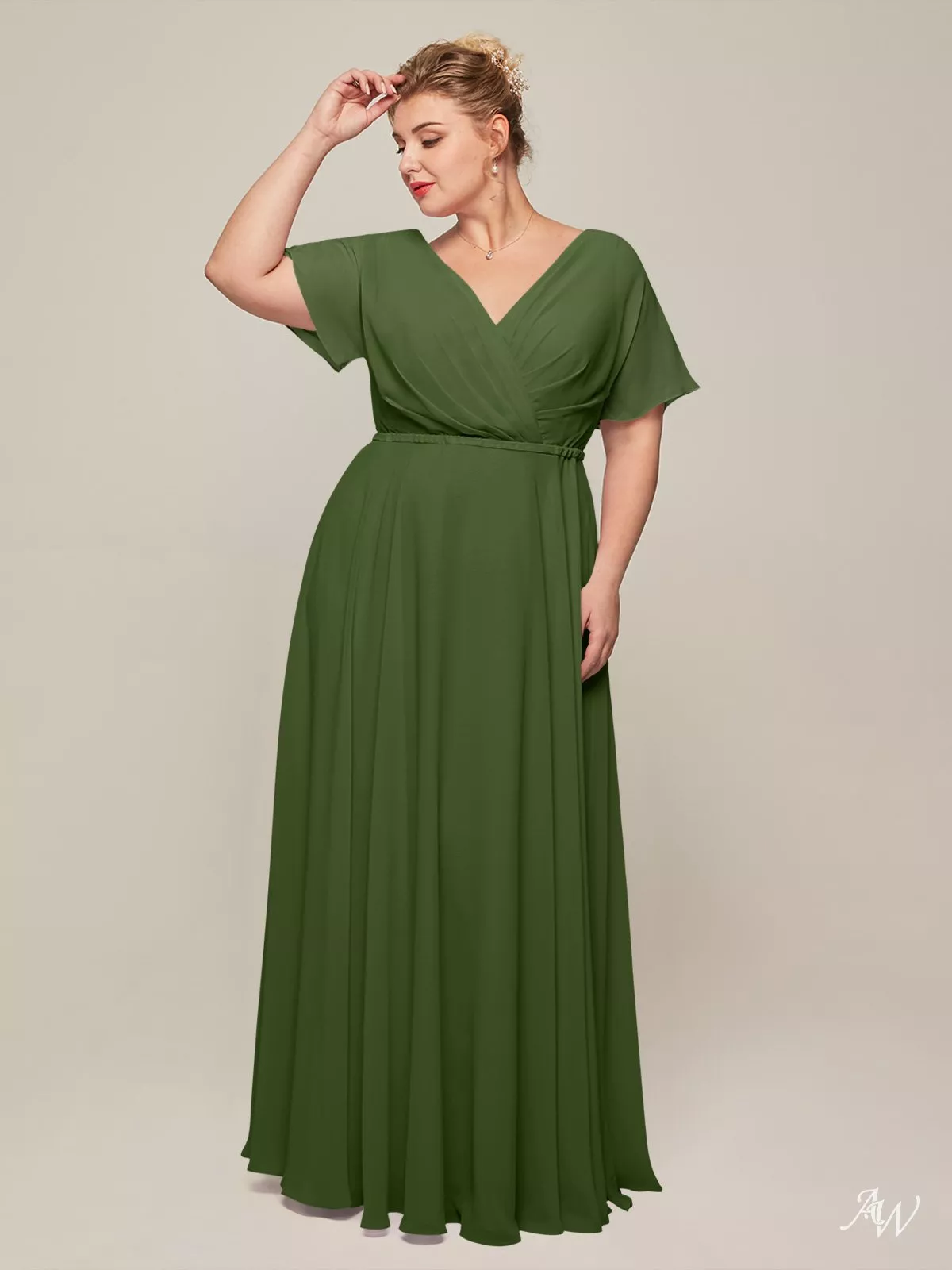 AW.Bridal A-line V-Neck Floor Length Short Sleeves Plus Size Dresses Dress Green Olive Size 4