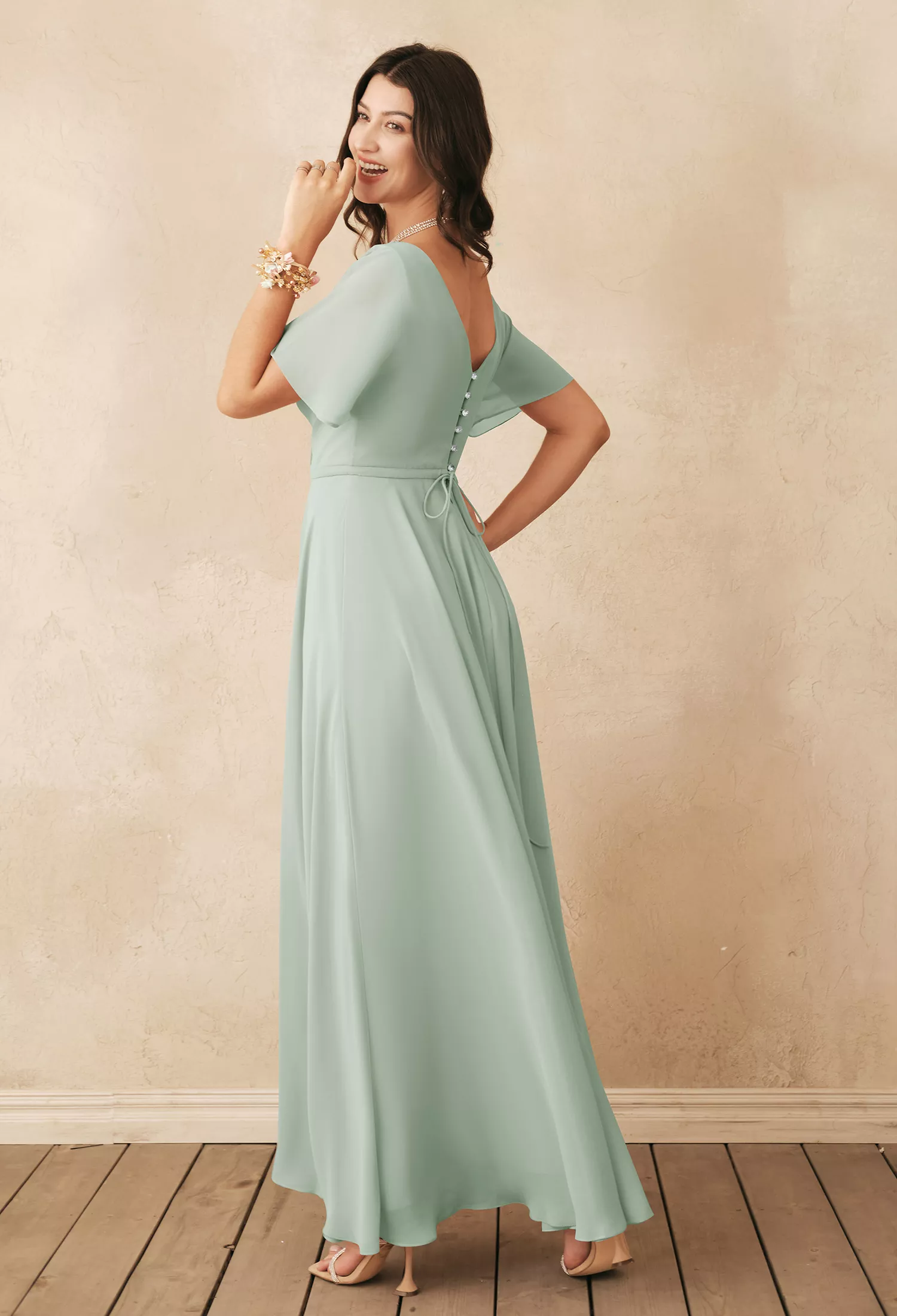 Button Back Long Bridesmaid Dresses | AW.Bridal